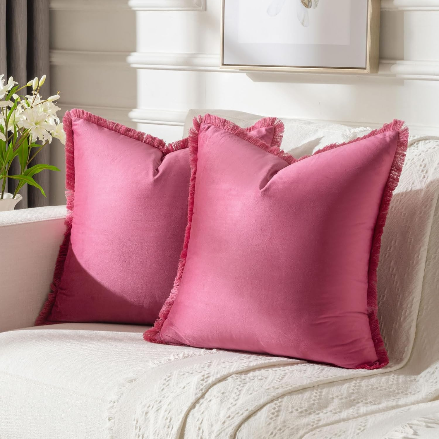 Amazon.com: Futei Hot Pink Velvet Decorative Throw Pillow Covers 18X18 ... with regard to Pink Throw Pillows For Bed