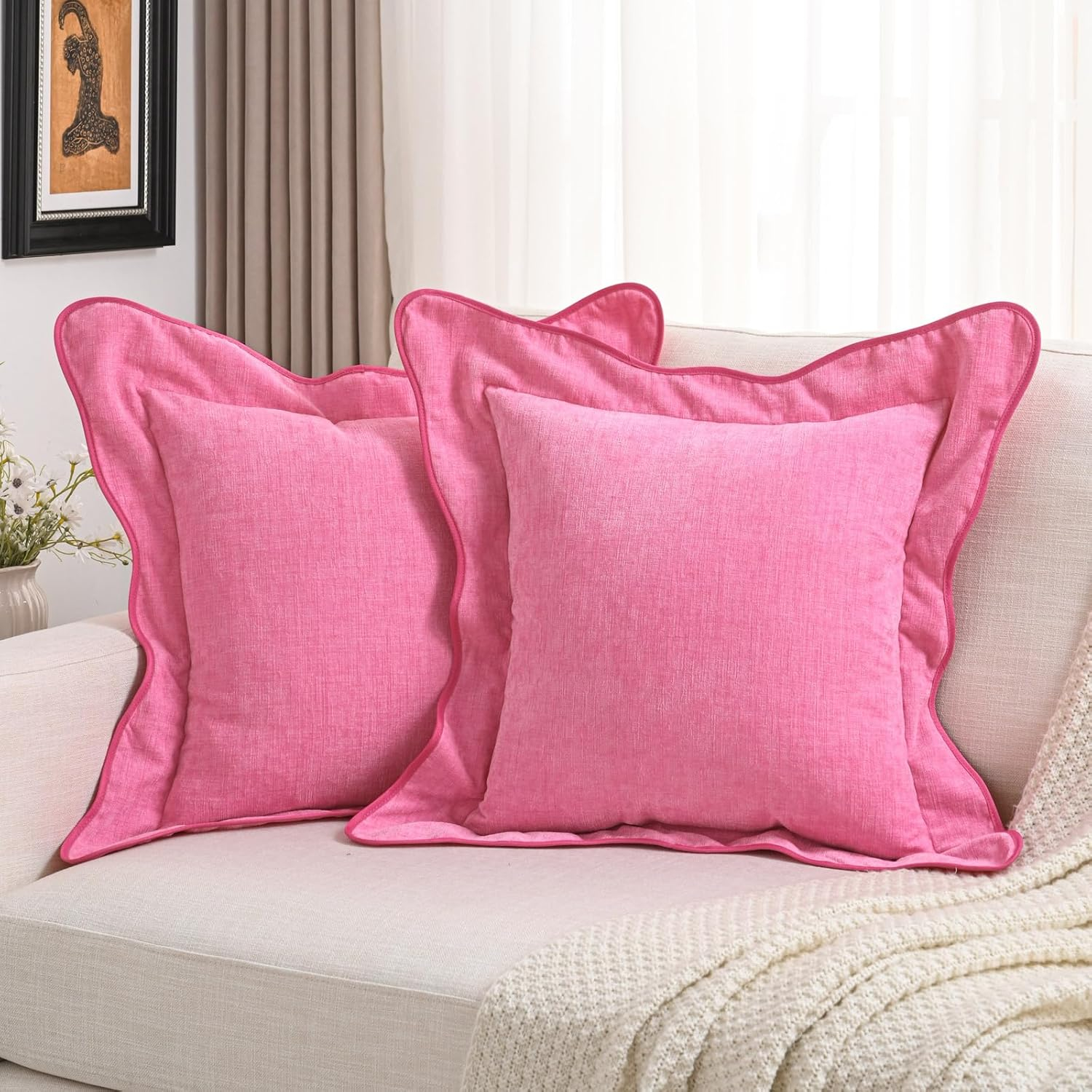Amazon.com: Futei Soft Cozy Hot Pink Chenille Decorative Throw Pillow ... for Pink Throw Pillows For Bed
