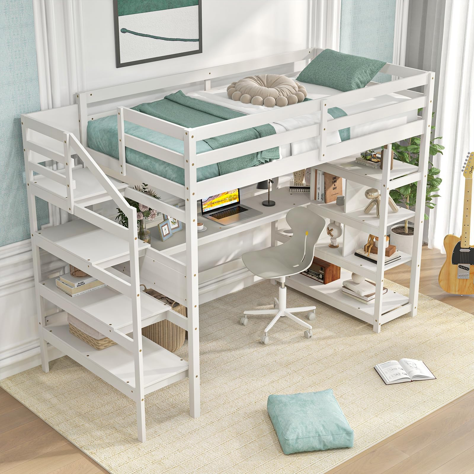 Amazon.com: Giantex Twin Loft Bed With Desk And Stairs, Solid Wood High ... in Child safety tips for twin loft beds with steps in family homes