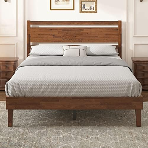 Amazon.com: Giantex Wood Queen Platform Bed With Headboard, Mid Century ... intended for Queen Platform Bed Solid Wood