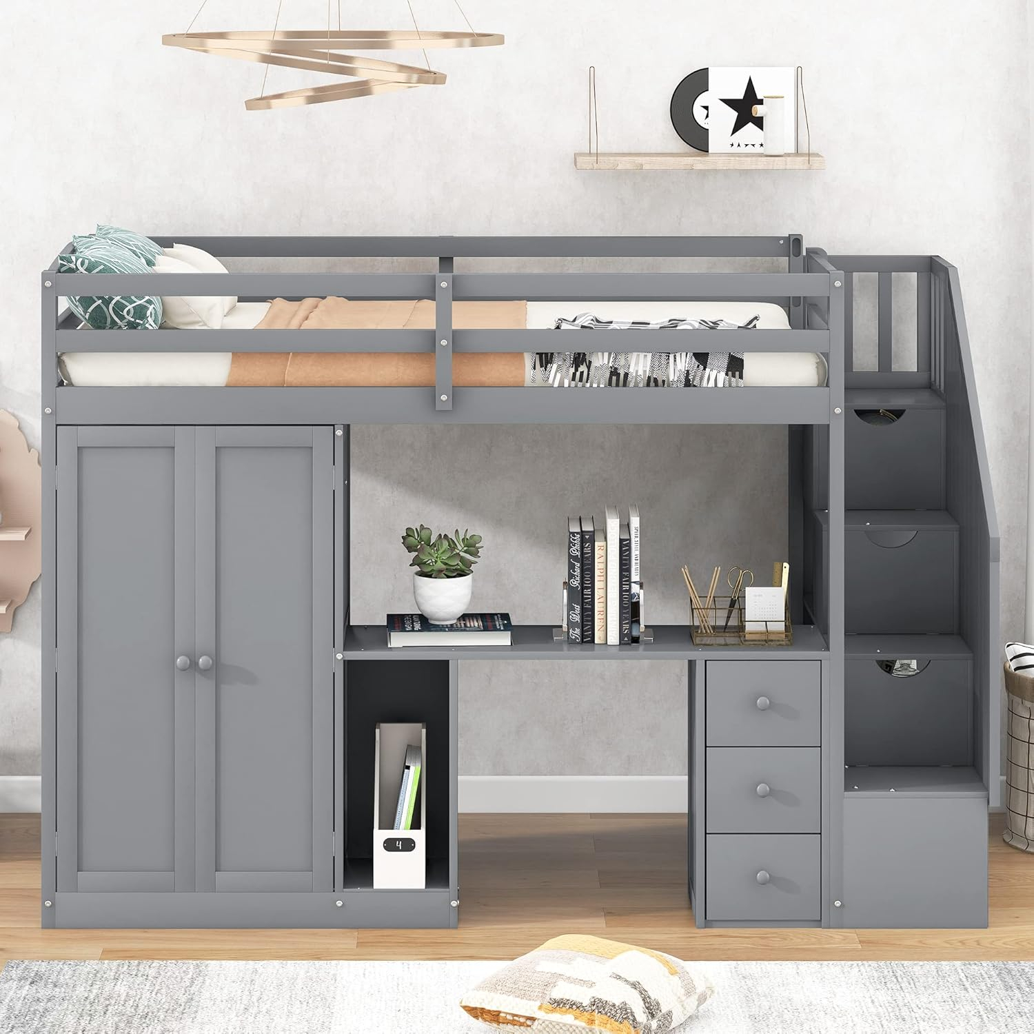 Amazon.com: Gray Twin Size Loft Bed With Stairs And Desk, Wooden Twin ... with regard to Storage Loft Bed With Stairs