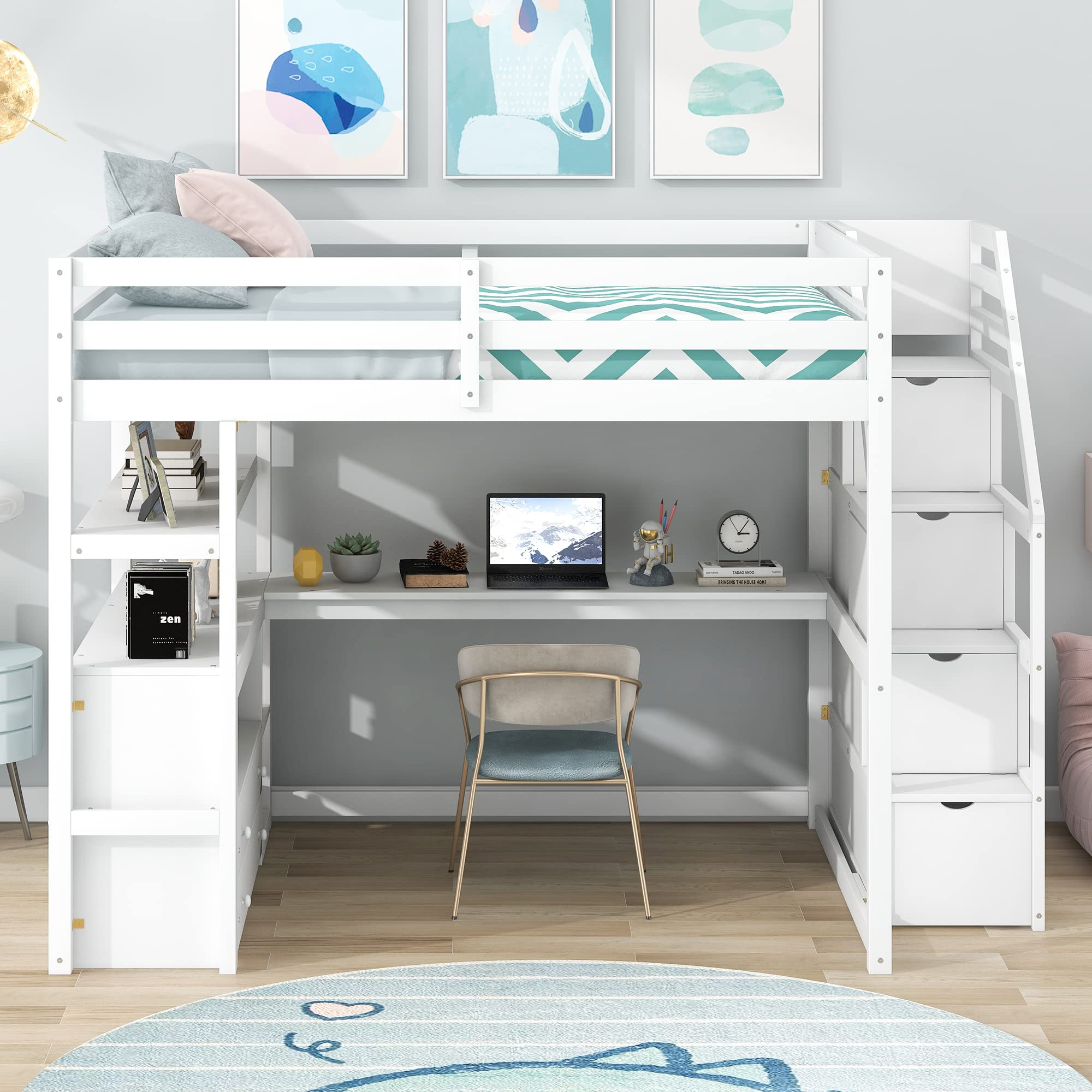 Amazon.com: Harper & Bright Designs Full Size Loft Bed Frame With ... in Loft Bed With Stairs Full