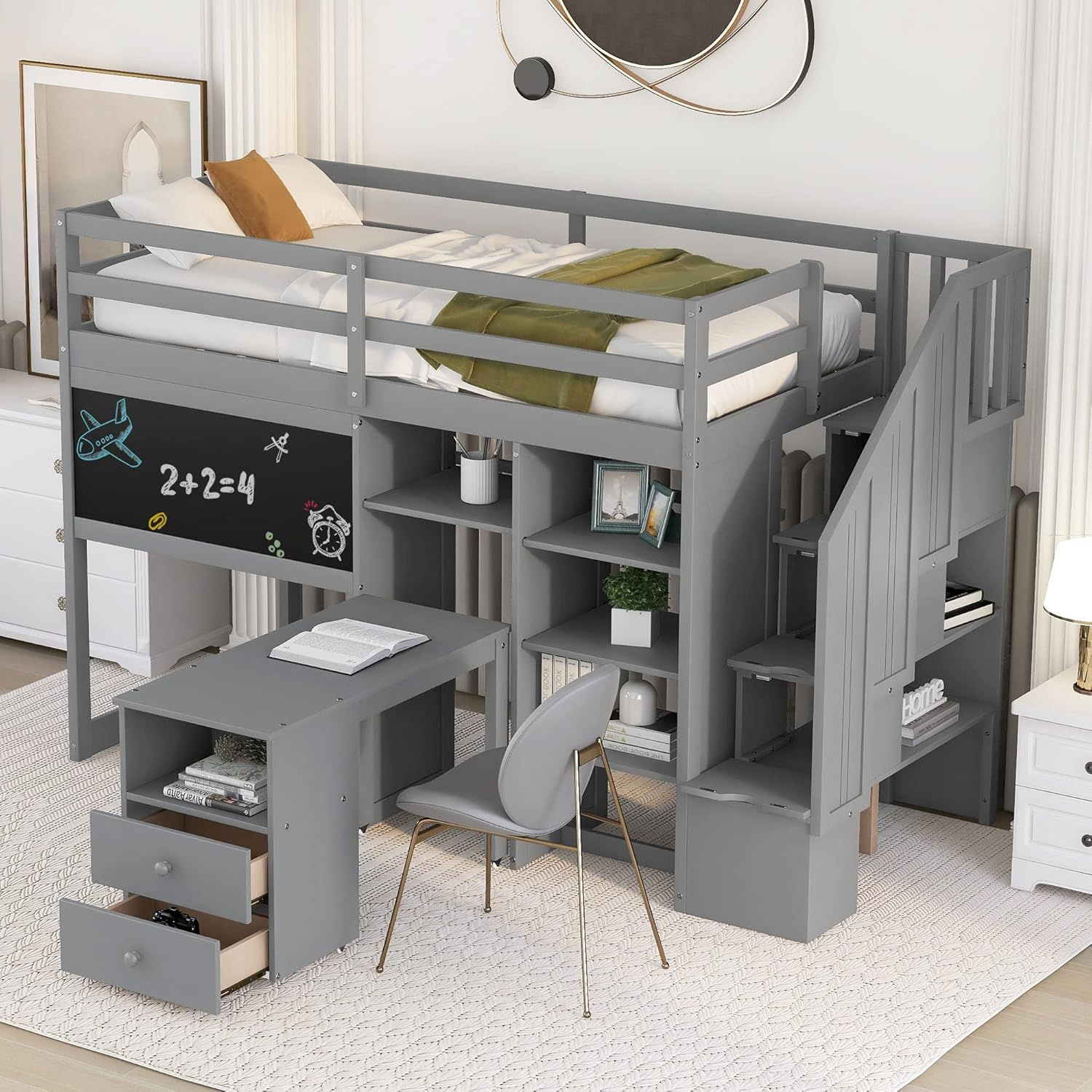 Amazon.com: Harper & Bright Designs Twin Size Loft Bed With Stairs And ... inside Maximizing bedroom space with solid wood loft beds featuring built-in staircases