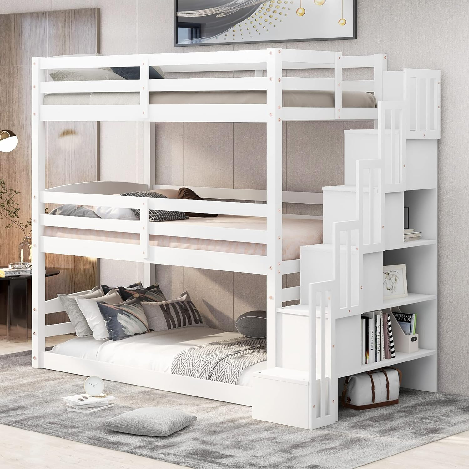 Amazon.com: Harper & Bright Designs Wood Triple Bunk Bed With Storage ... within Creative storage ideas that transform ordinary bunk beds into smart solutions