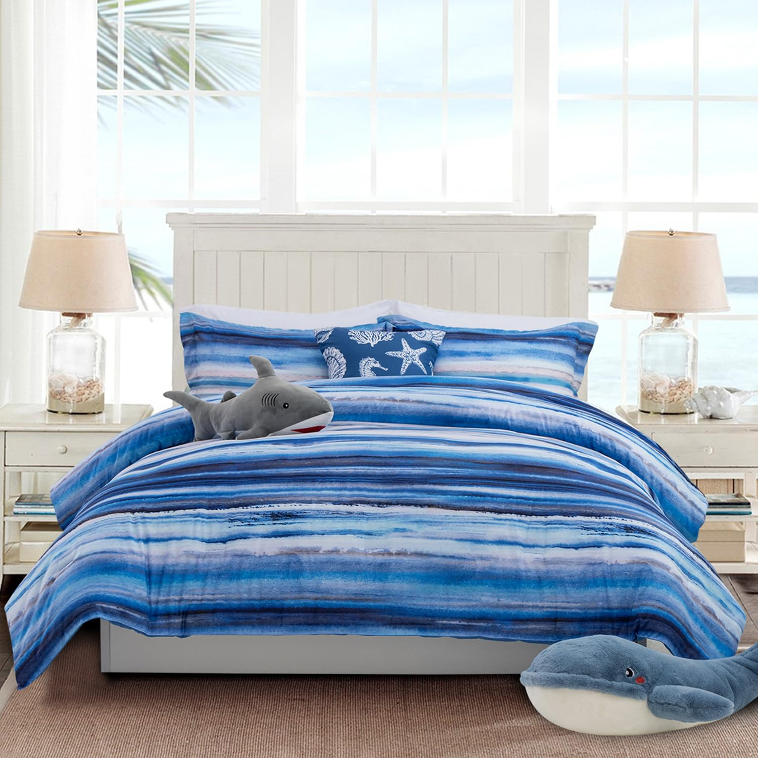 Amazon.com: Holawakaka Beach Stripe Bedding Sets 6 Pieces, Blue White ... pertaining to Understanding the timeless appeal of blue and white coastal bedding