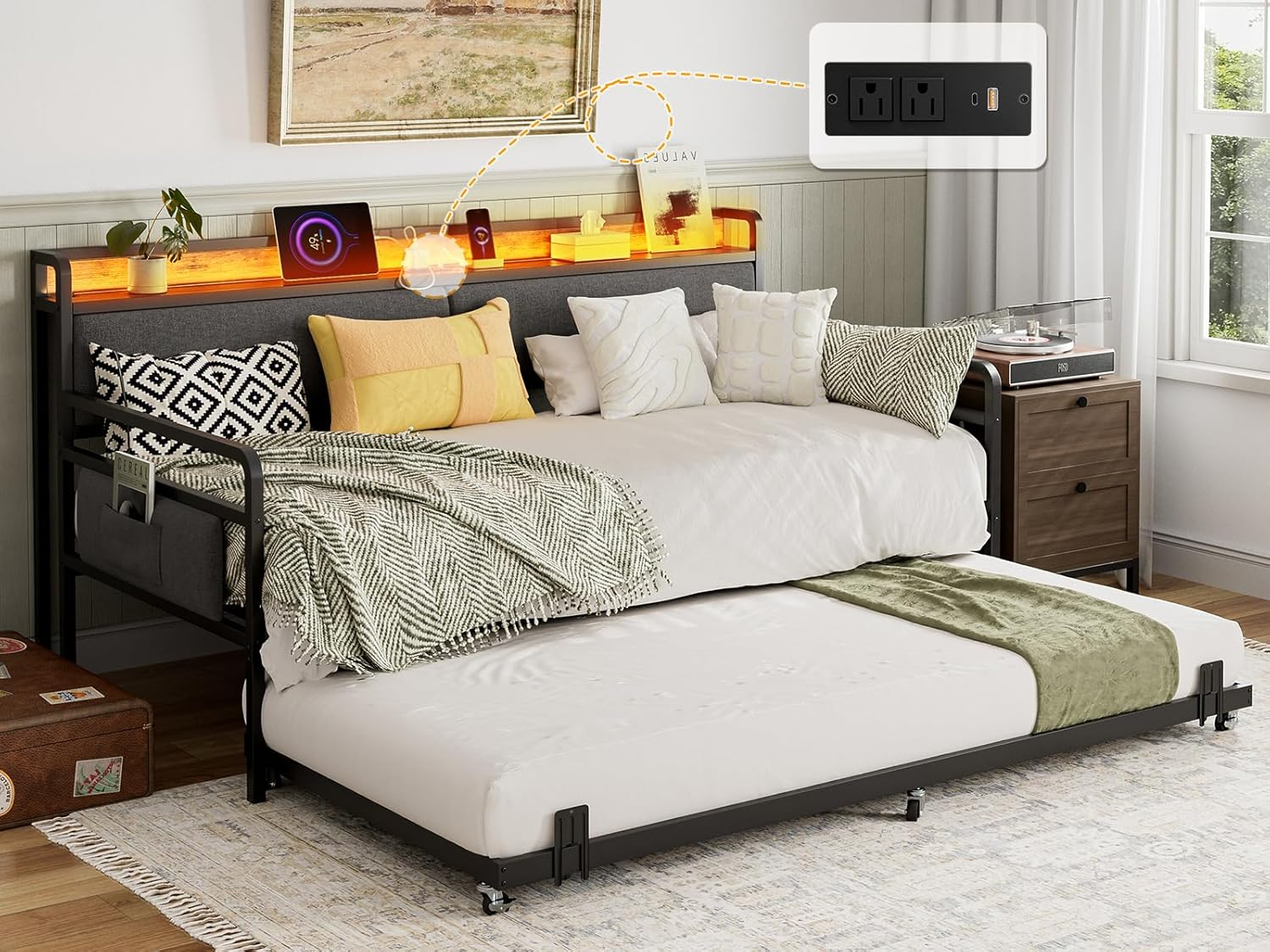 Amazon.com: Ikifly Twin Xl Daybed With Trundle And Storage Headboard ... throughout Twin Xl Bed Frame With Storage And Headboard