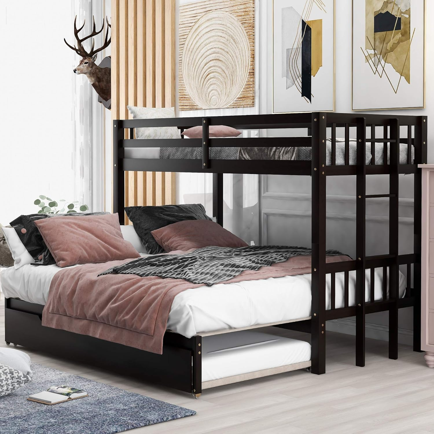 Amazon.com: Klmm Twin Over Pull-Out Bunk Bed With Trundle, Wooden Twin ... in Creating Comfortable Sleeping Arrangements in Full Over King Bunk Beds