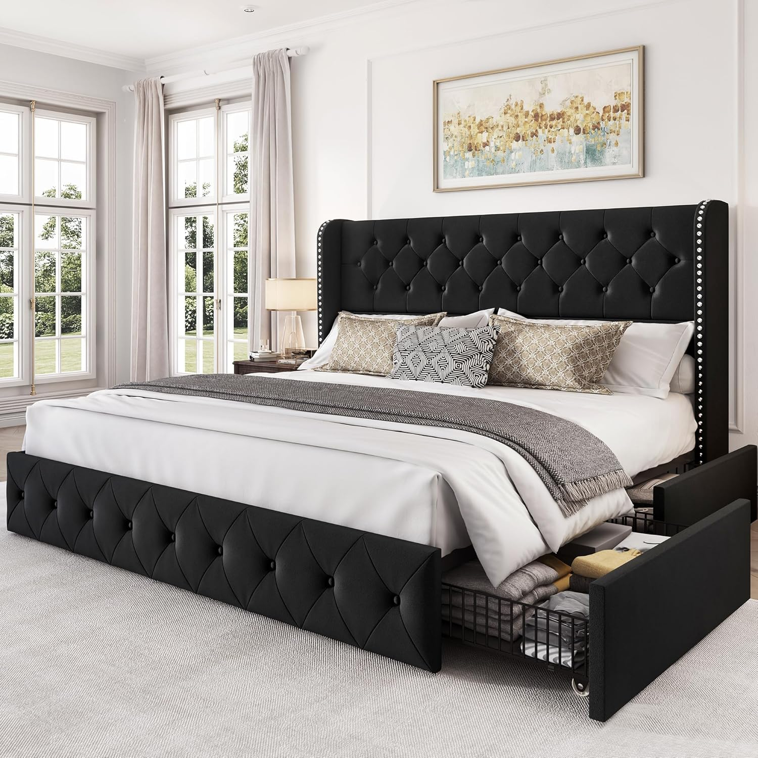 Amazon.com: Larmace King Size Bed Frame With 4 Storage Drawers And ... within Everything You Need to Know About Black King Bed Frames with Headboards