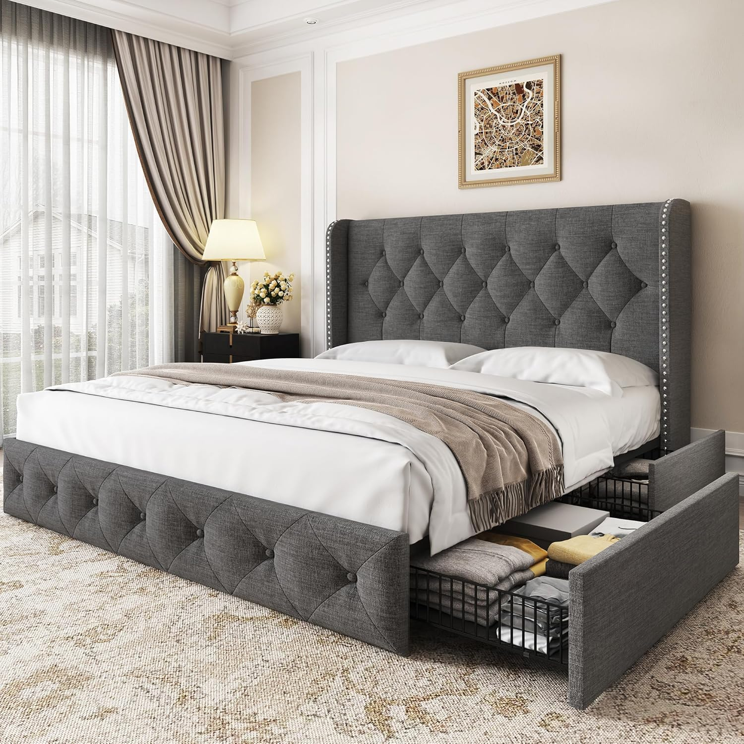 Amazon.com: Larmace Queen Size Bed Frame Tufted Platform Bed With 4 ... throughout Queen Size Platform Bed With Drawers
