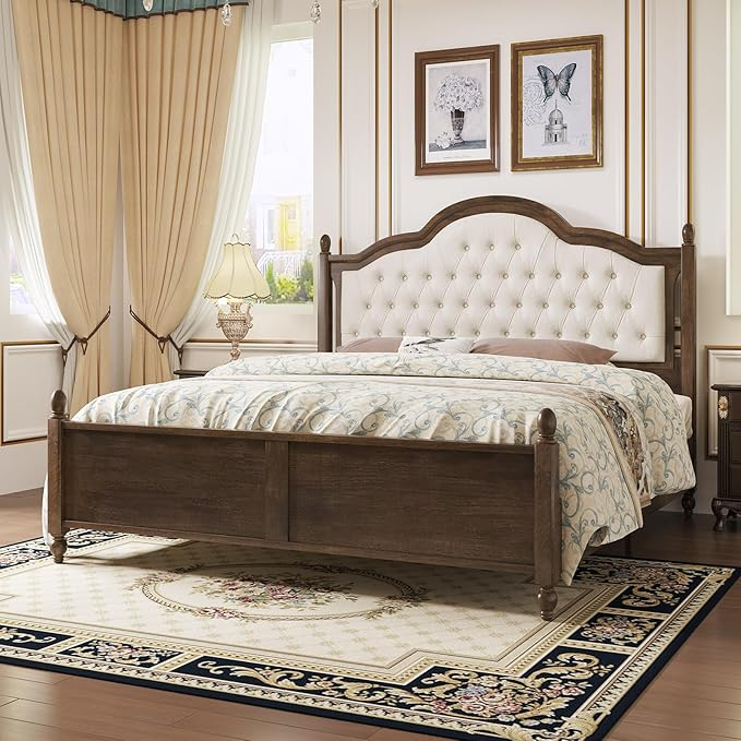 Amazon.com: Luxoak King Size Wood Bed Frame With Upholstered Headboard ... regarding The timeless appeal of traditional wooden bed frames in modern homes