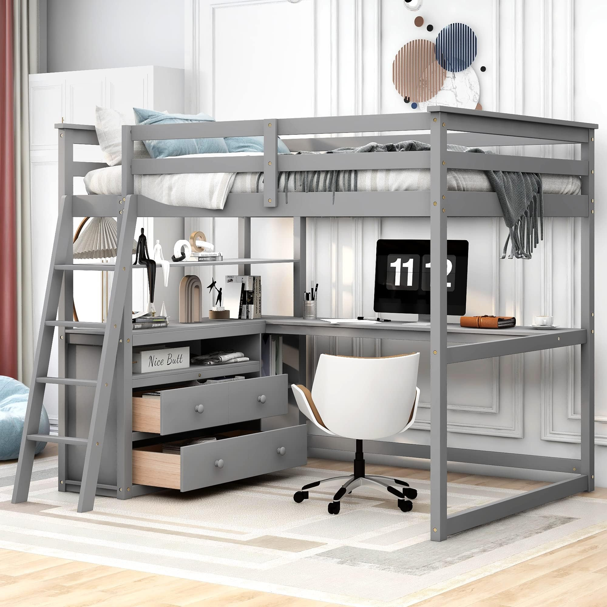 Amazon.com: Merax Full Size Loft Bed With Desk Wood Loft Bed Frame With ... intended for Solid Wood Loft Bed With Desk