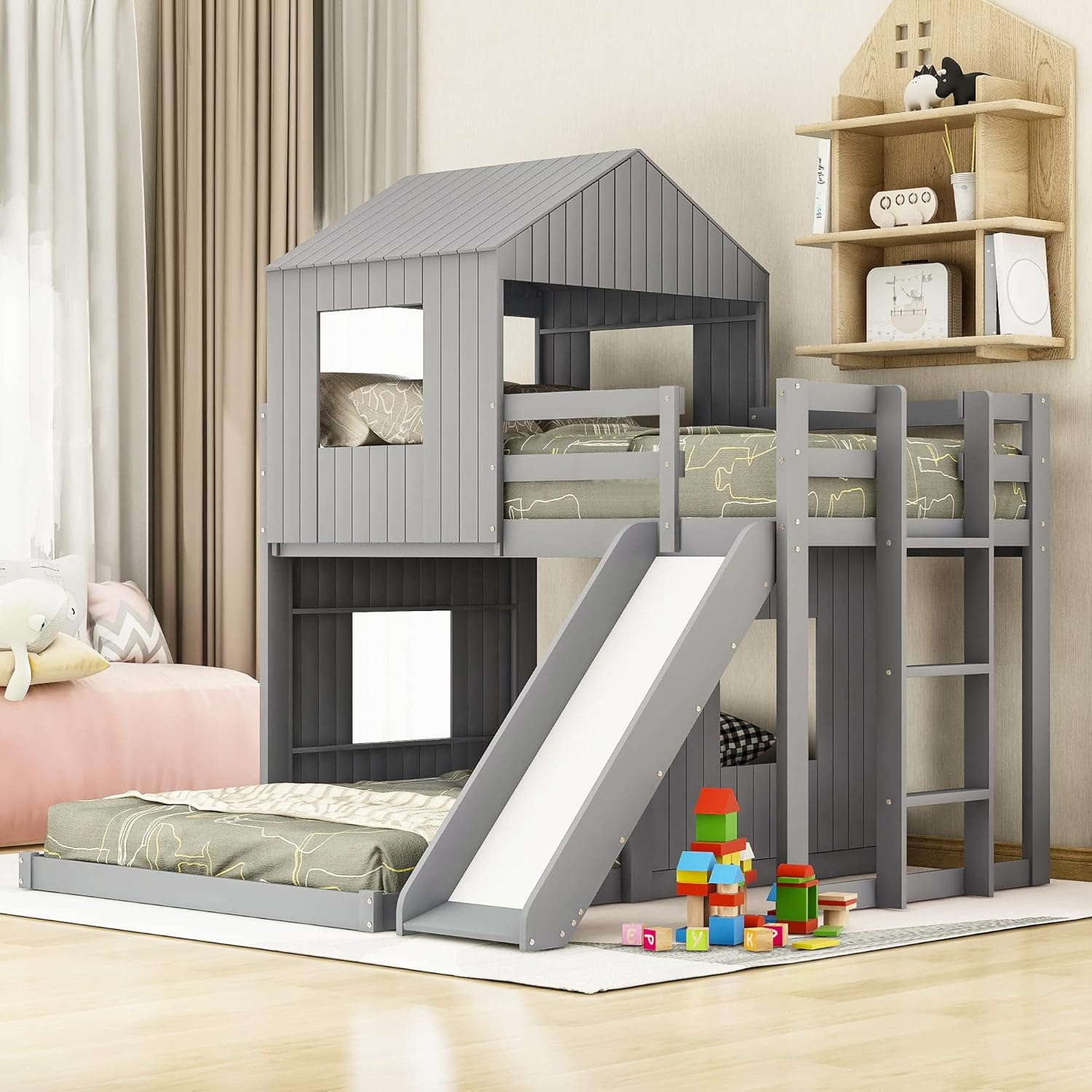 Amazon.com: Meritline House Bed Bunk Beds With Slide Twin Over Full ... in Transforming Bedrooms into Play Zones with Slide Features