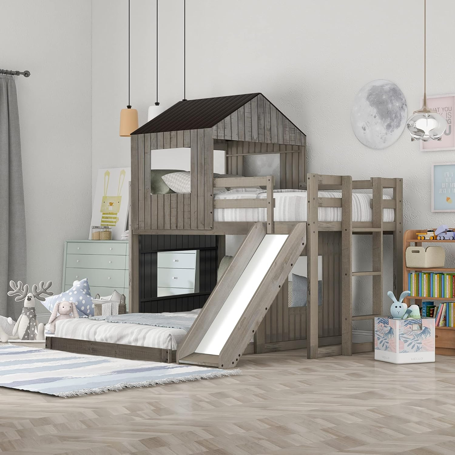Amazon.com: Meritline House Bed Bunk Beds With Slide Twin Over Full ... intended for Understanding the Safety Features of Twin Over Full Bunk Beds with Slides