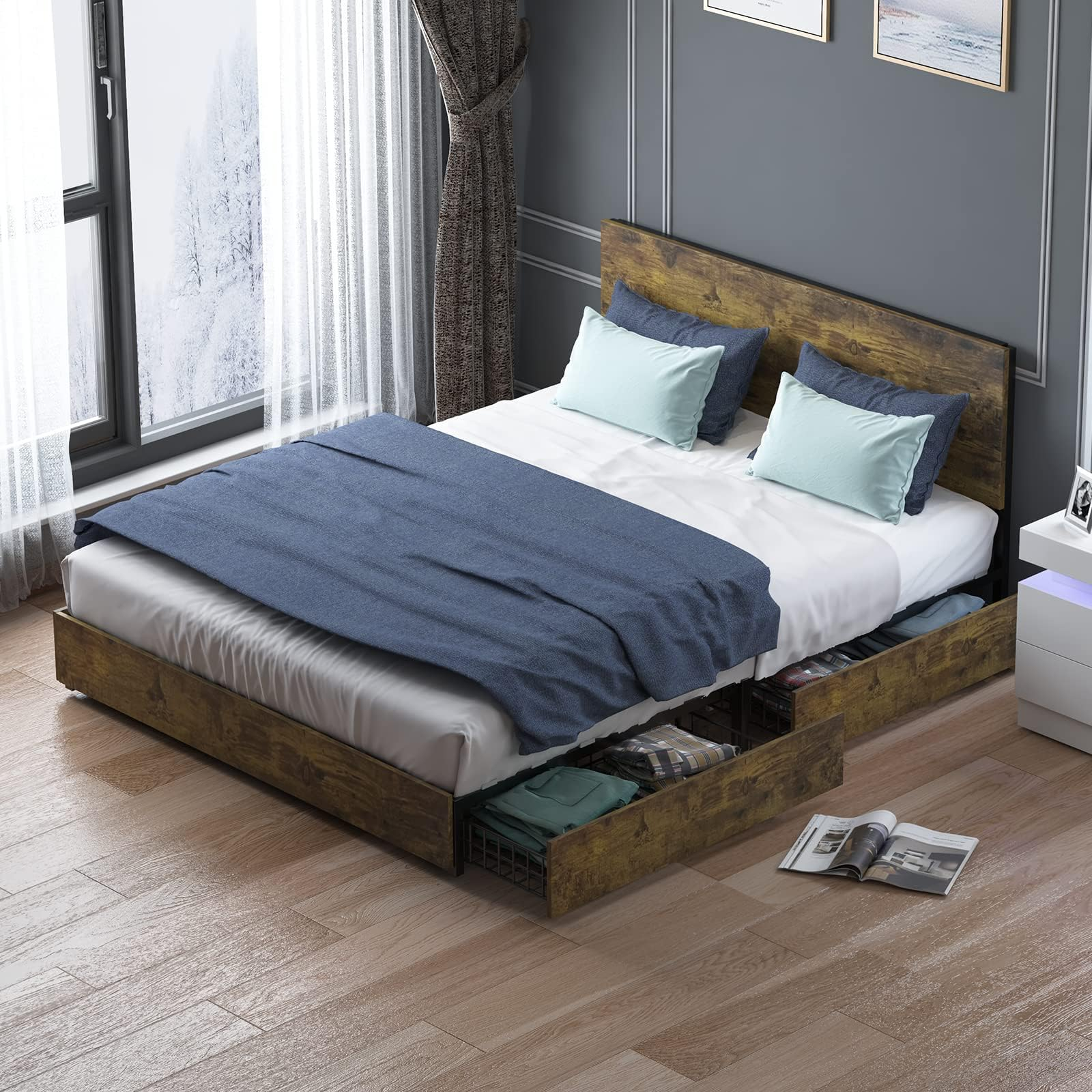 Amazon.com: Mjkone California King Size Bed Frame With Storage, Rustic ... regarding Classic Wood Styles That Complement California King Bed Designs
