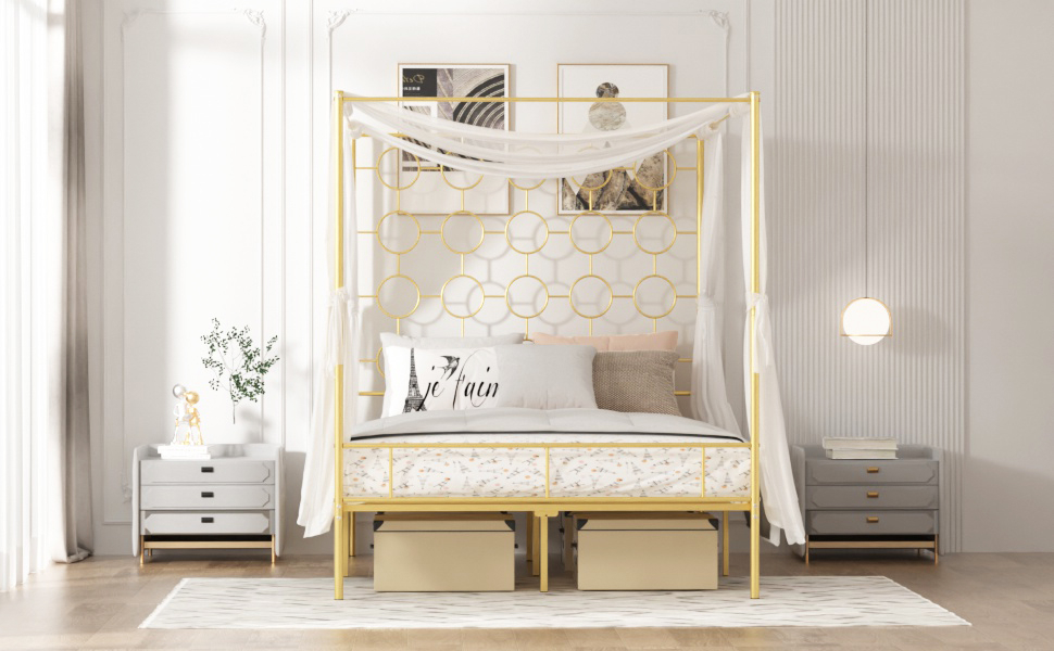 Amazon.com: Paukin Gold Metal Canopy Bed Frame King/Mattress Foundation ... in Comparing steel and aluminum options for metal canopy bed frames