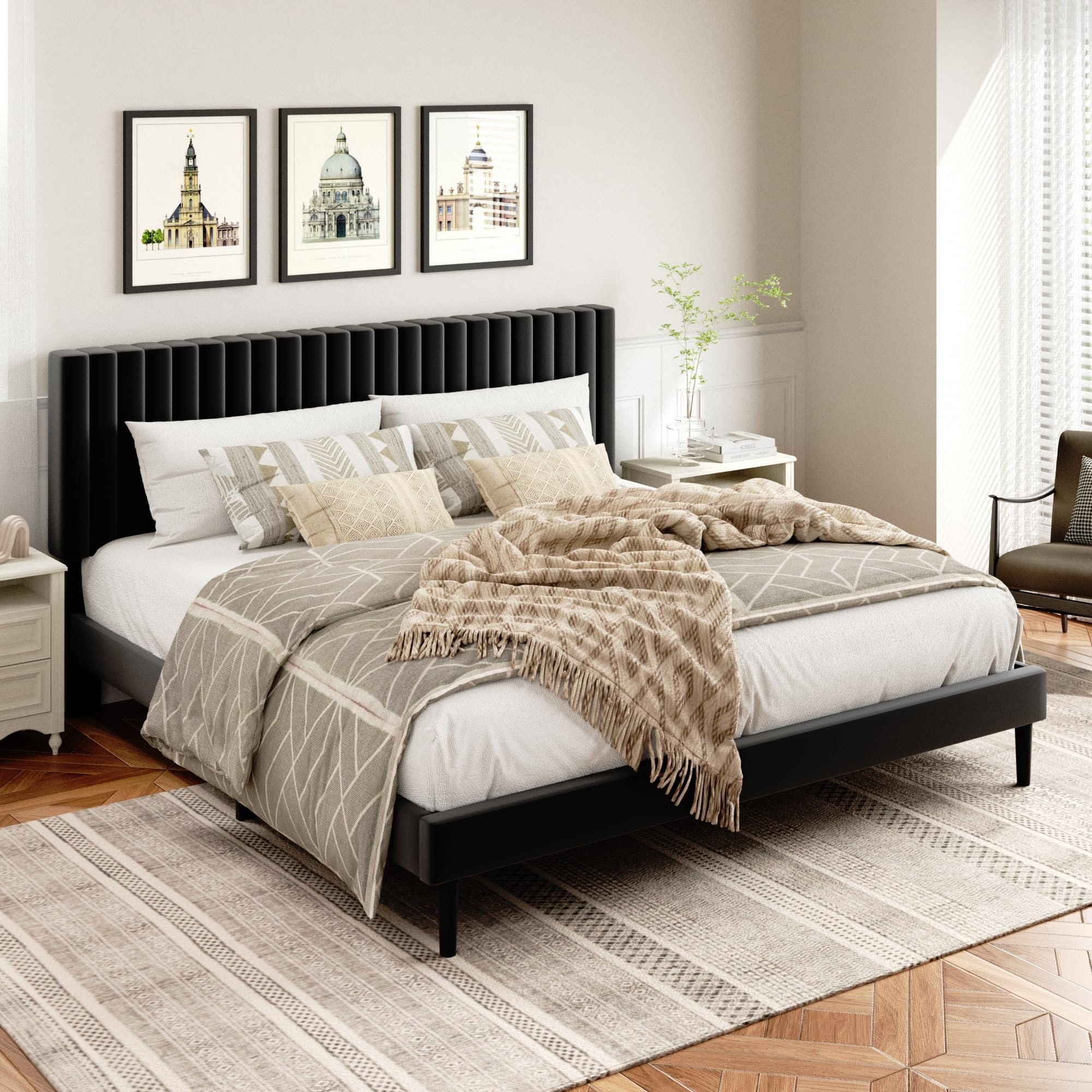 Amazon.com: Sismplly King Size Bed Frame With Velvet Upholstered ... pertaining to The Ultimate Guide to Black King Size Bed Frames with Headboards for Better Sleep