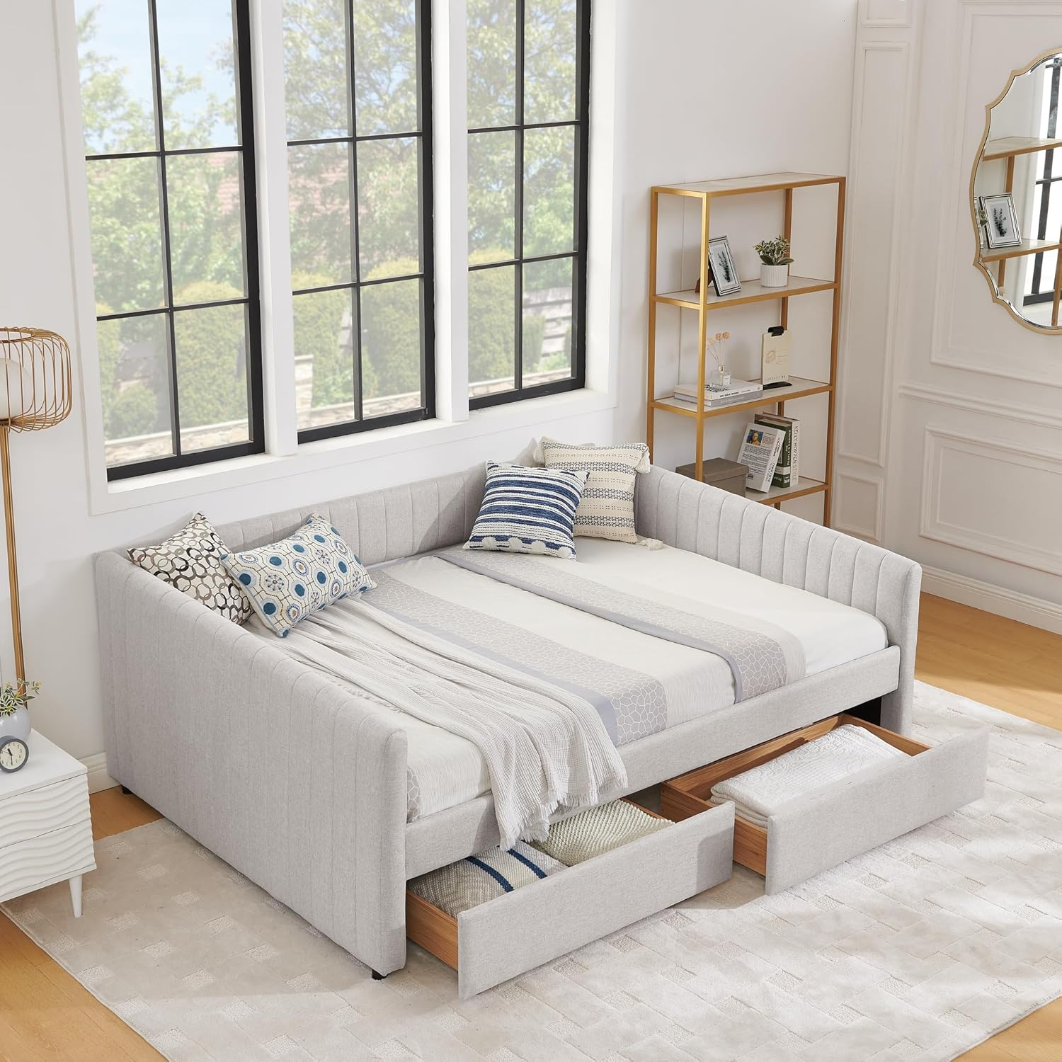 Amazon.com: Sleerway Daybed With Two Drawers, Modern Linen Queen Size ... regarding How to Choose the Right Daybed Size for Your Space