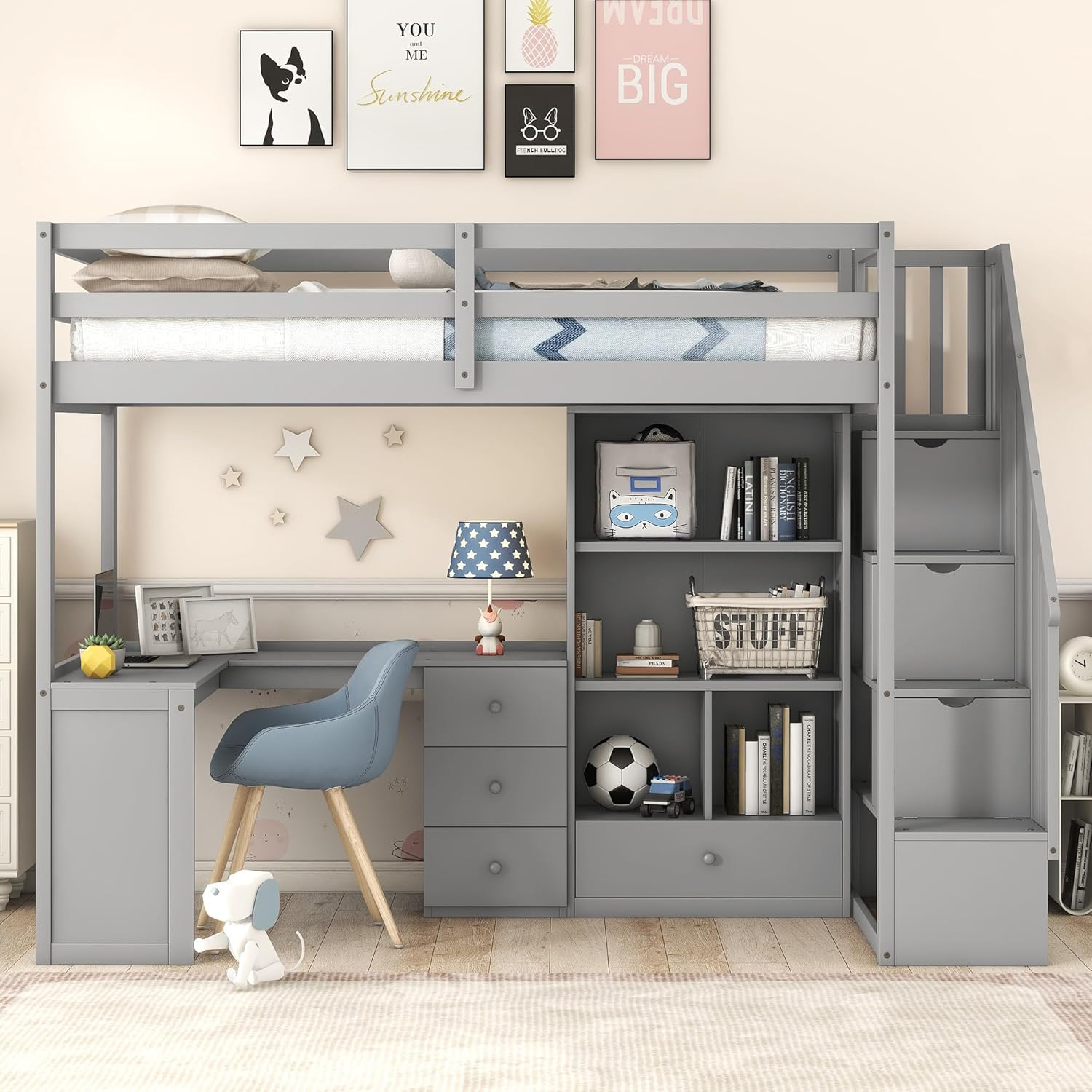Amazon.com: Softsea Twin Size Loft Bed With Desk & Stairs, Wood Grey ... with regard to Grey Bunk Bed With Desk