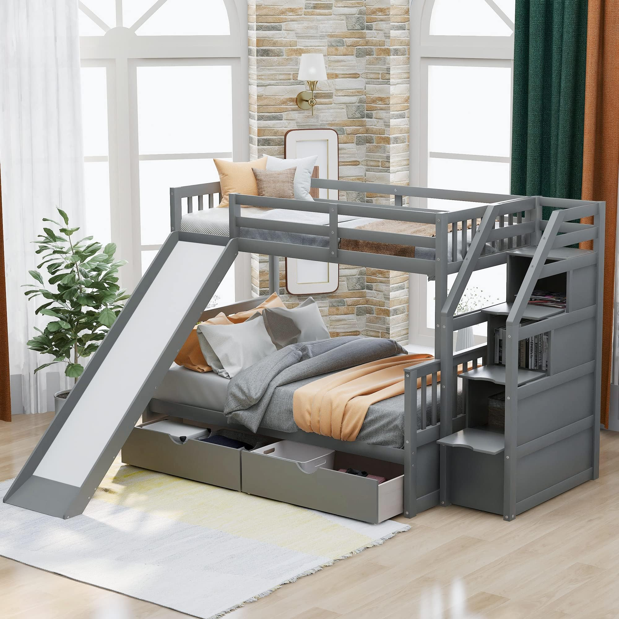 Amazon.com: Twin Over Full Bunk Bed With Stairs And Slide, Solid Wood ... pertaining to Bunk Bed With Stairs Drawers