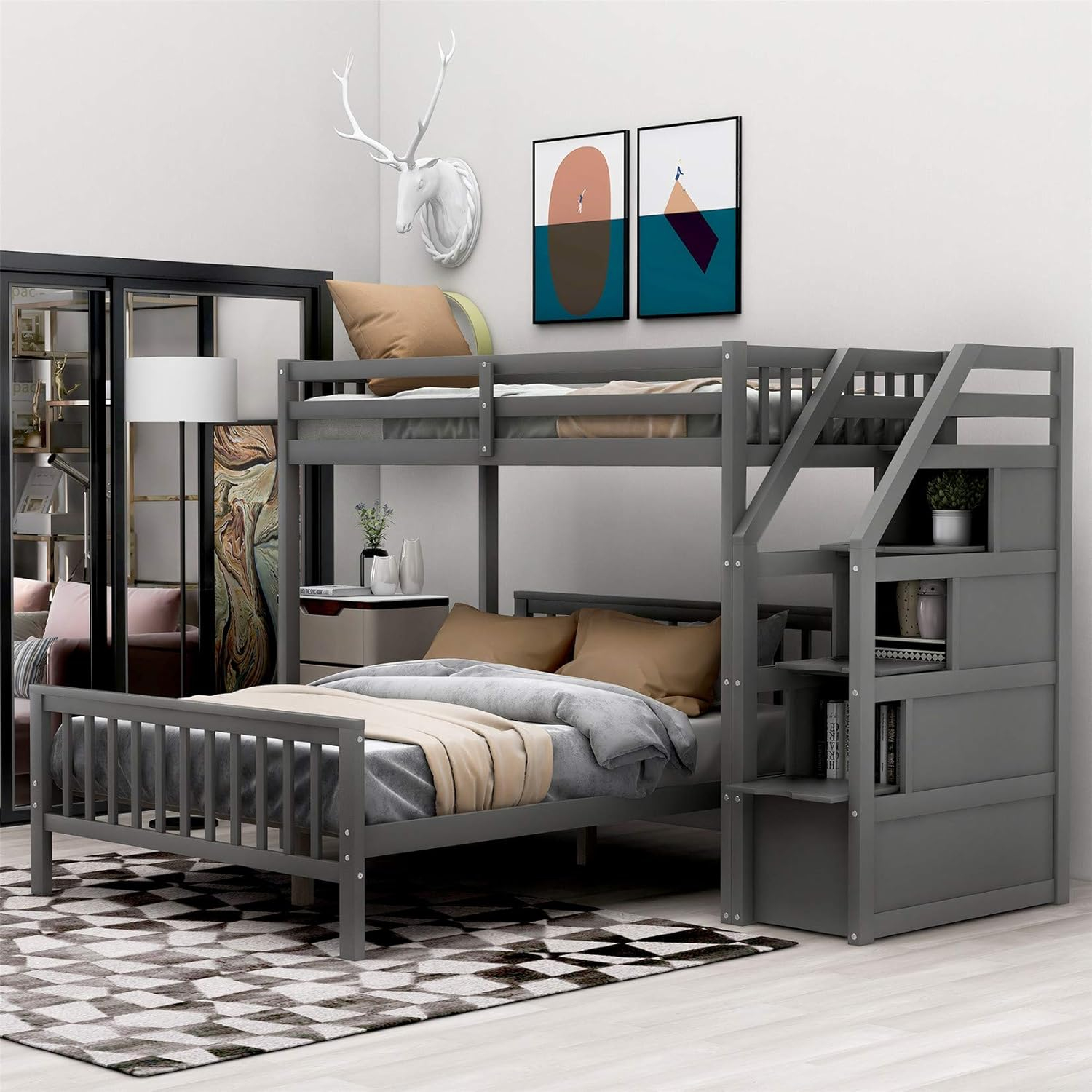 Amazon.com: Twin Over Full Bunk Bed, Wooden Twin Over Full Bunk Bed ... pertaining to Double Over Double Bunk Beds