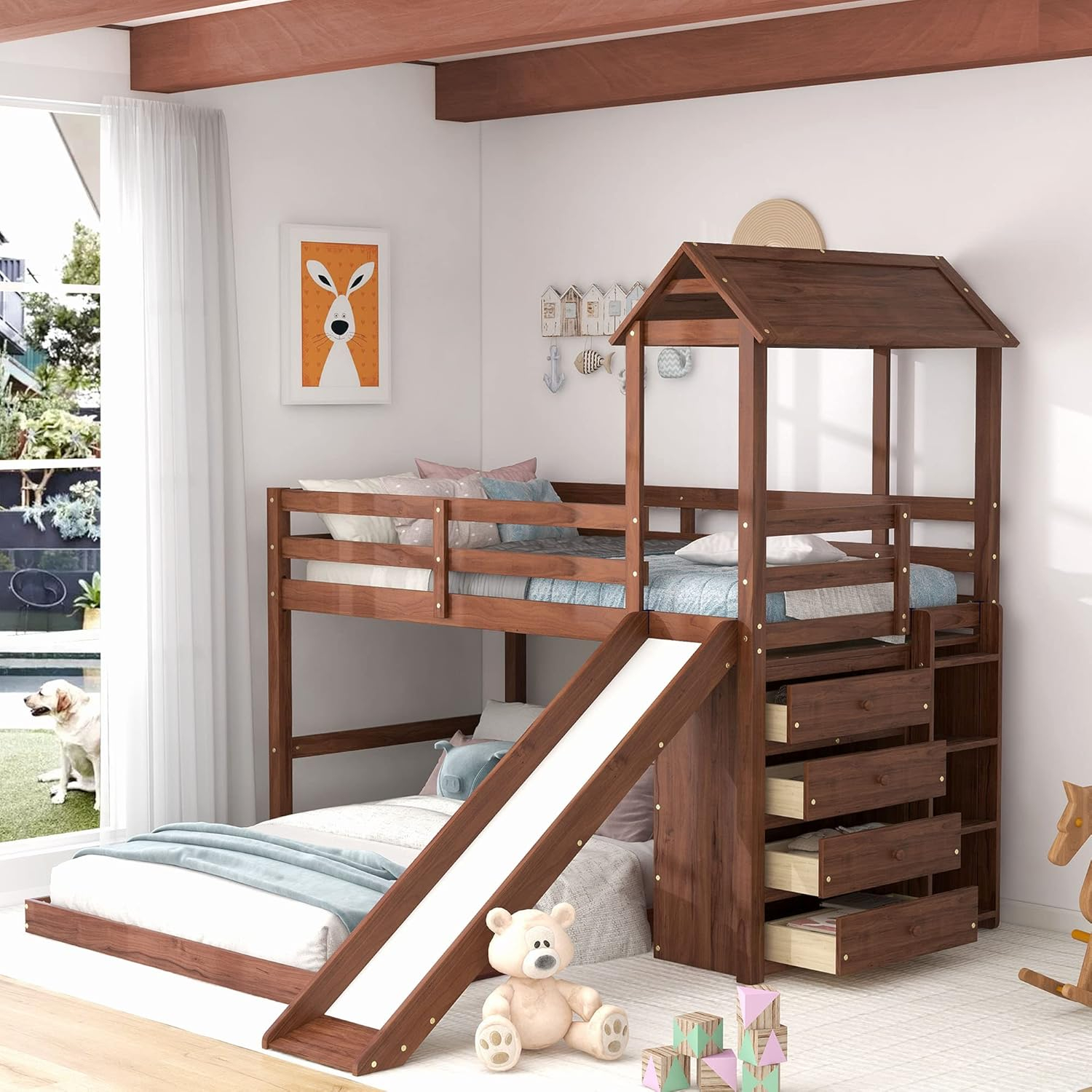 Amazon.com: Twin Over Full Bunk Beds With Slide, House Bunk Beds With ... regarding Understanding the Safety Features of Twin Over Full Bunk Beds with Slides