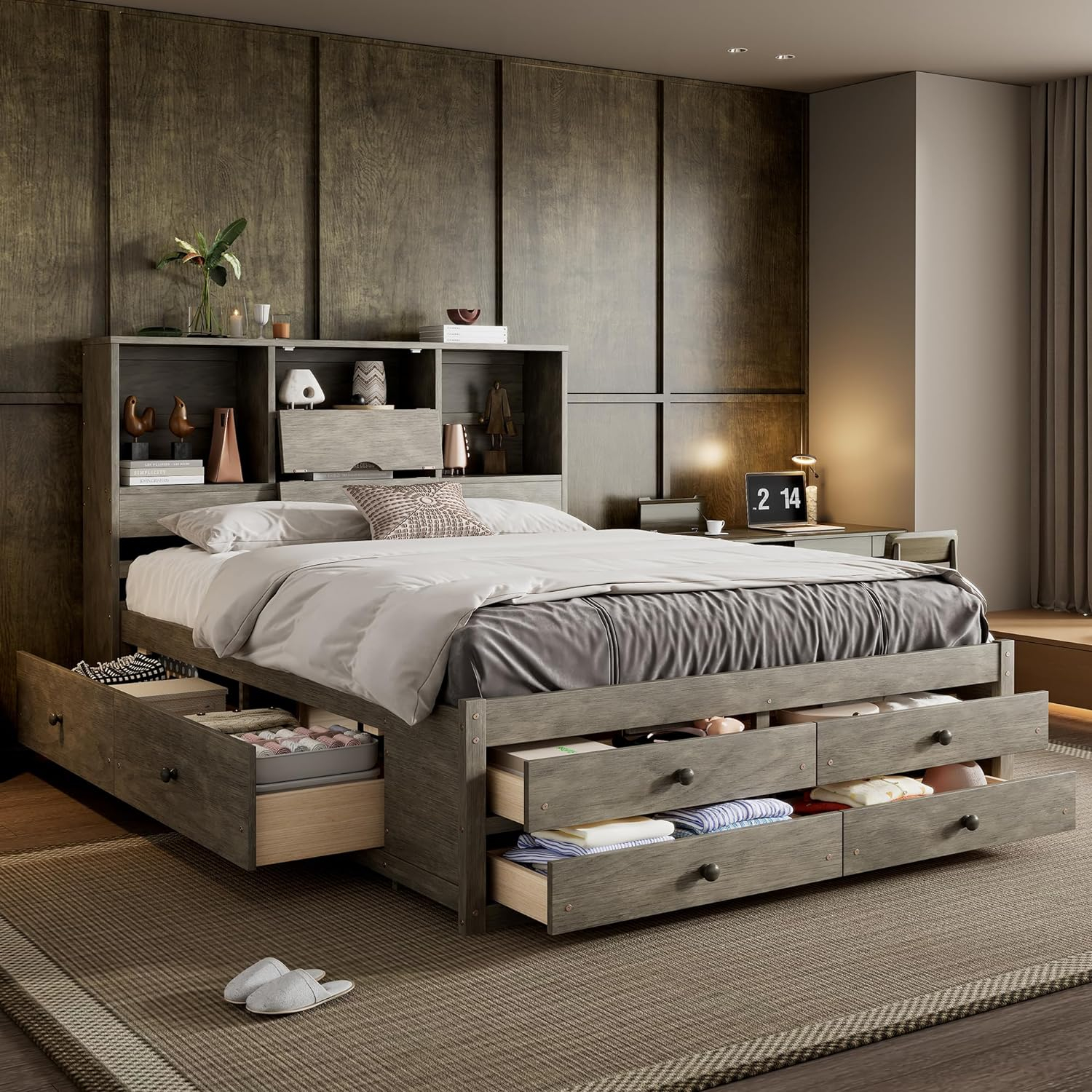 Amazon.com: Vilrocaz Wood Queen Size Platform Bed With Storage ... inside Platform Bed Frame With Storage Solid Wood