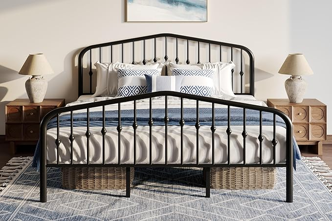 Amazon.com: Weeway King Size Metal Bed Frame With Vintage Headboard And ... with regard to How metal bed frames with headboards affect sleep quality and spinal alignment