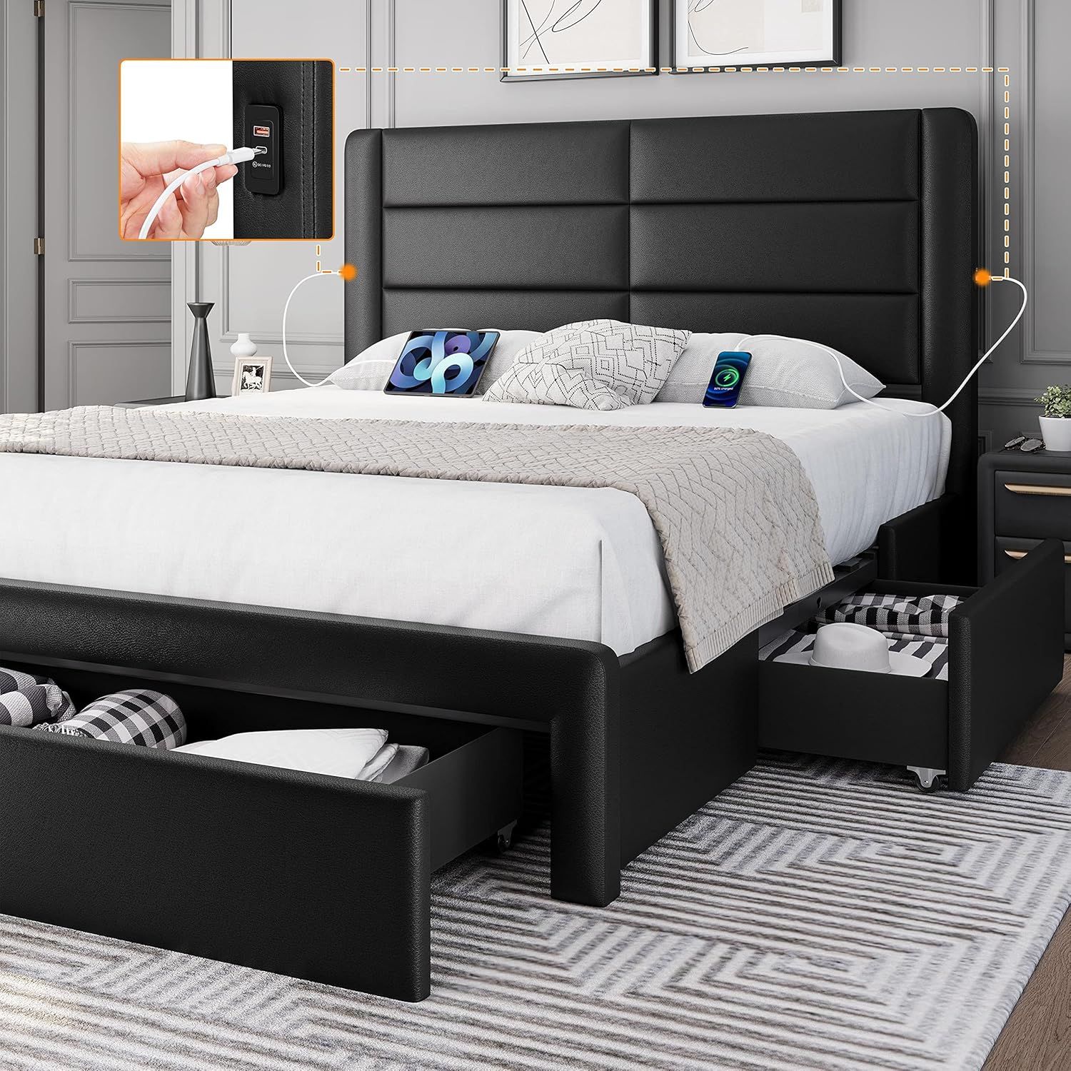 Amazon.com: Yaheetech Queen Size Bed Frame Platform With 2 Usb Charging ... within Understanding the Benefits of Queen Size Platform Beds with Storage Drawers