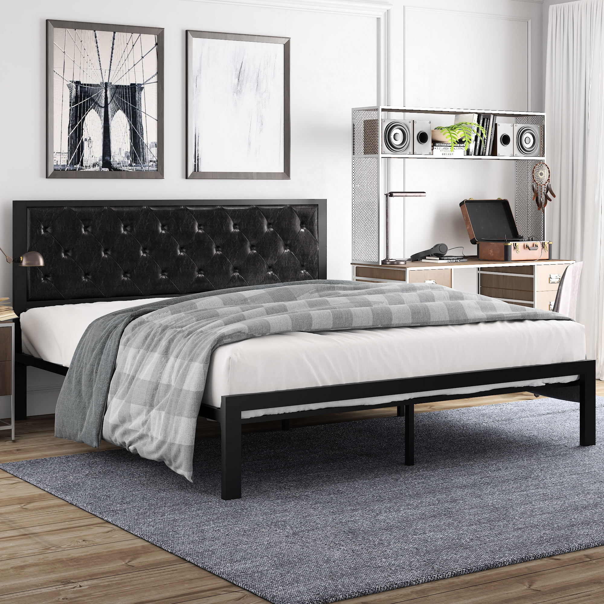 Amolife King Size Metal Bed Frame With Faux Leather Upholstered ... pertaining to Everything You Need to Know About Black King Bed Frames with Headboards