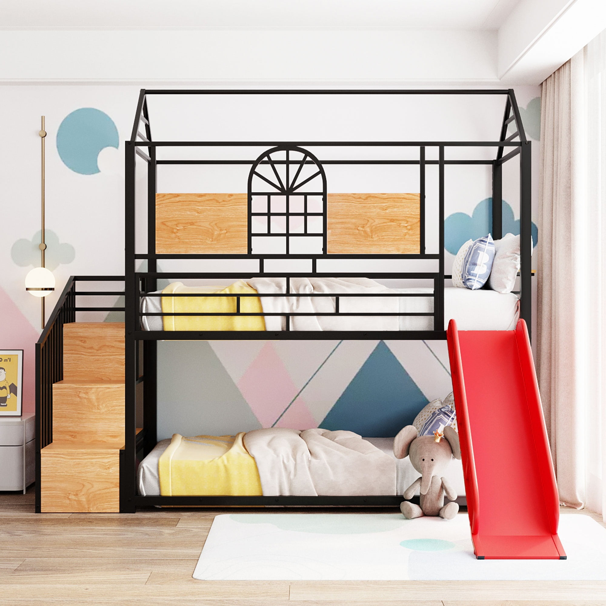 Bellemave Bunk Bed With Slide And Stairs, Metal Twin Over Twin House ... intended for Bunk Bed Slide And Stairs
