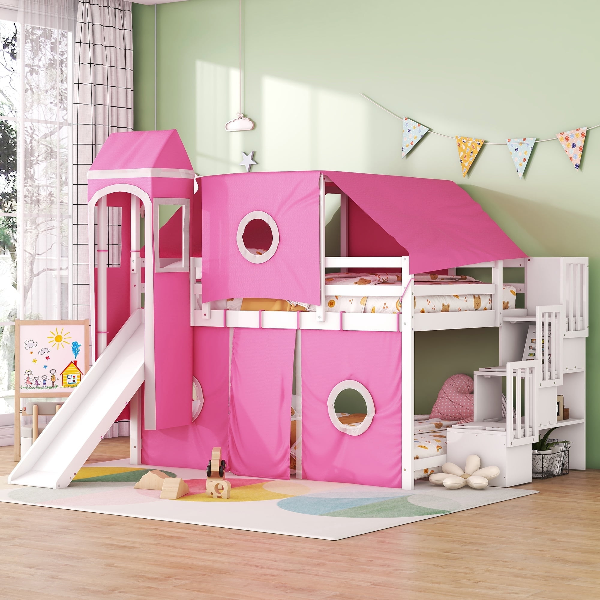 Bellemave Full Size Low Loft Bed With Slide And Curtains, Solid Wood ... within Everything You Need to Know About Bed Tent for Loft Bed Design
