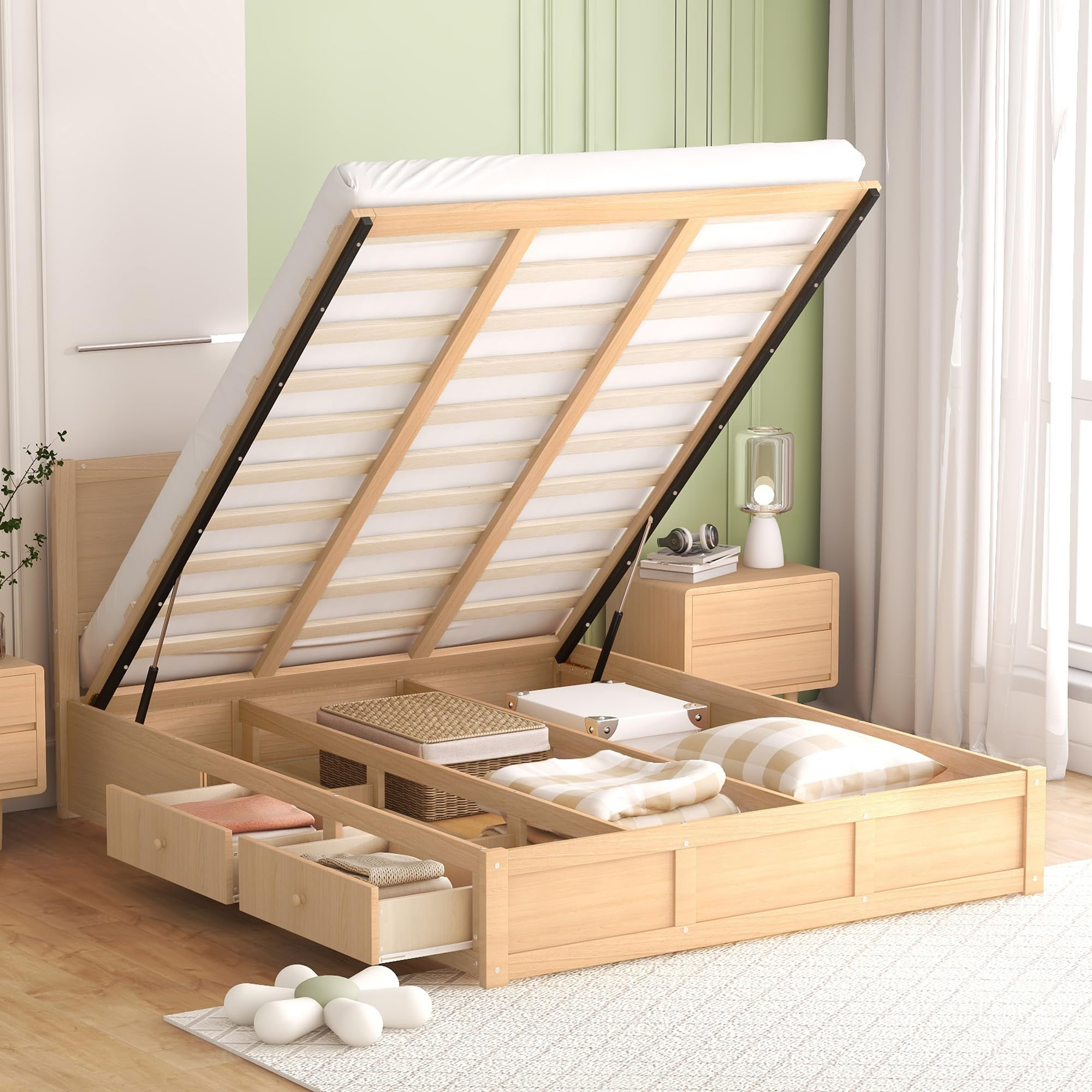 Bovza Wooden Queen Storage Platform Bed, Queen Lift Up Storage Bed With ... pertaining to Queen storage bed with drawers vs traditional bed frames comparison