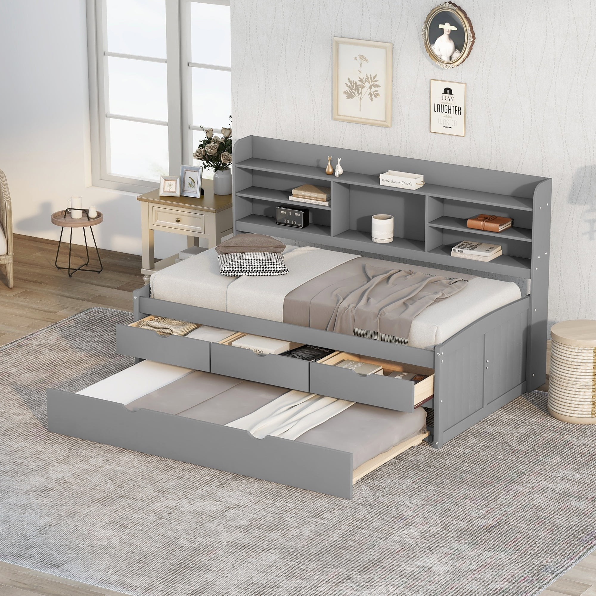Churanty Twin Size Captains With Trundle And 3 Storage Drawers, Wooden ... in Understanding the Benefits of Twin Captain Beds with Storage Drawers
