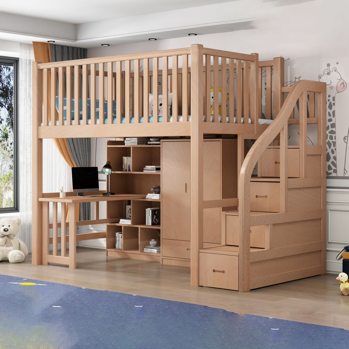 Contemporary Solid Wood Bunk Bed Natural Loft Bed With Guardrail - Wood ... regarding Solid Wood Loft Bed With Stairs