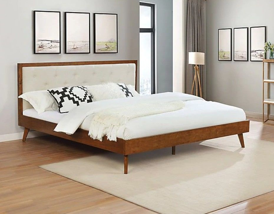 Devan Mid Century Upholstered Wood Queen Platform Bed Frame - Hanaposy within Mid Century Modern Bed Frame Queen