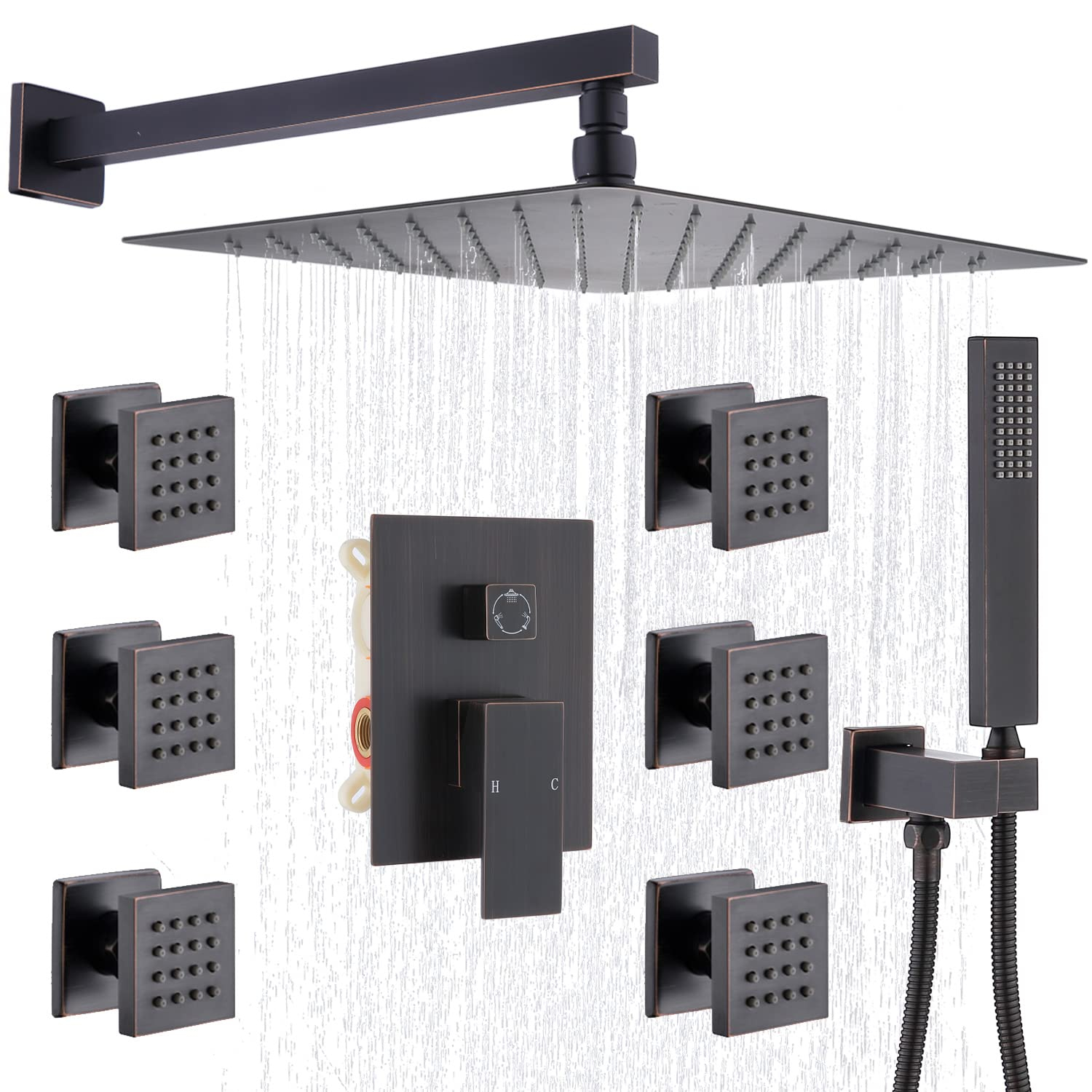 Enga Oil Rubbed Bronze Shower System With Body Jets, 12 Inch Rainfall ... regarding Oil Rubbed Bronze Shower Systems