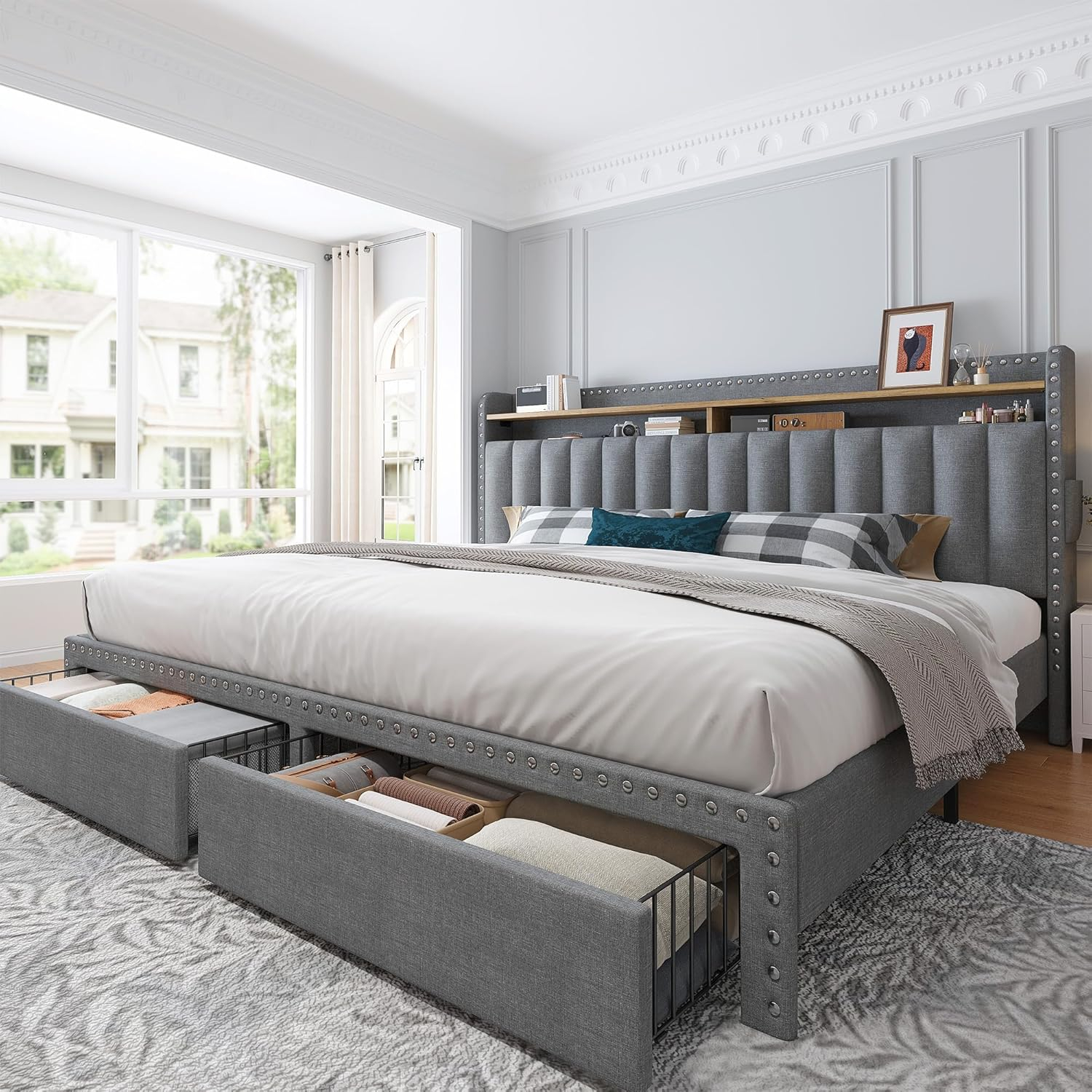 Enhomee King Size Bed Frame With Storage And Headboard, Upholstered ... throughout The Impact of Bed Frame Design on Sleep Quality with King Mattresses