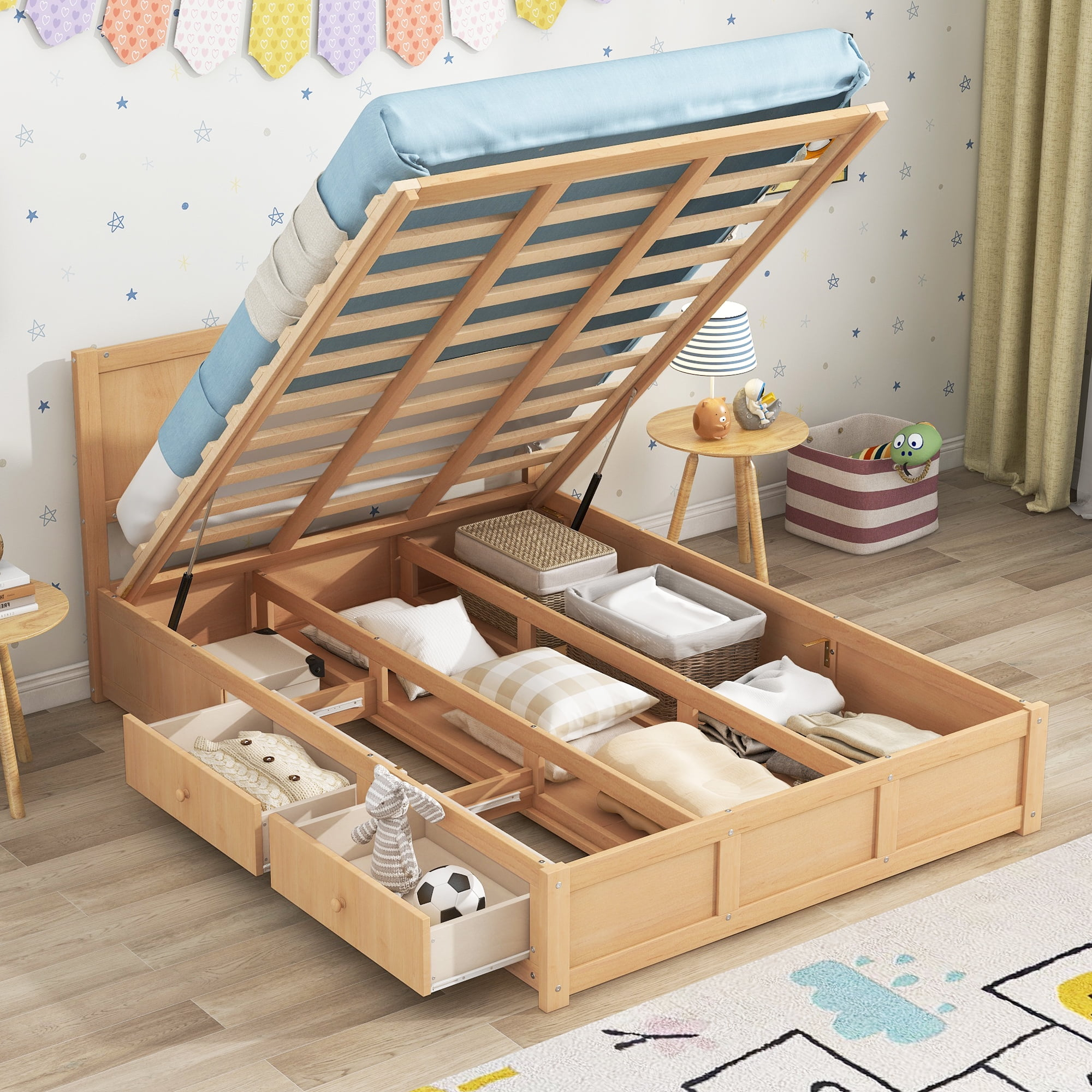 Euroco Full Size Lift Up Storage Bed, Wood Platform Bed Frame With 2 ... intended for The Hidden Storage Solutions in Modern Full Size Wooden Bed Frames