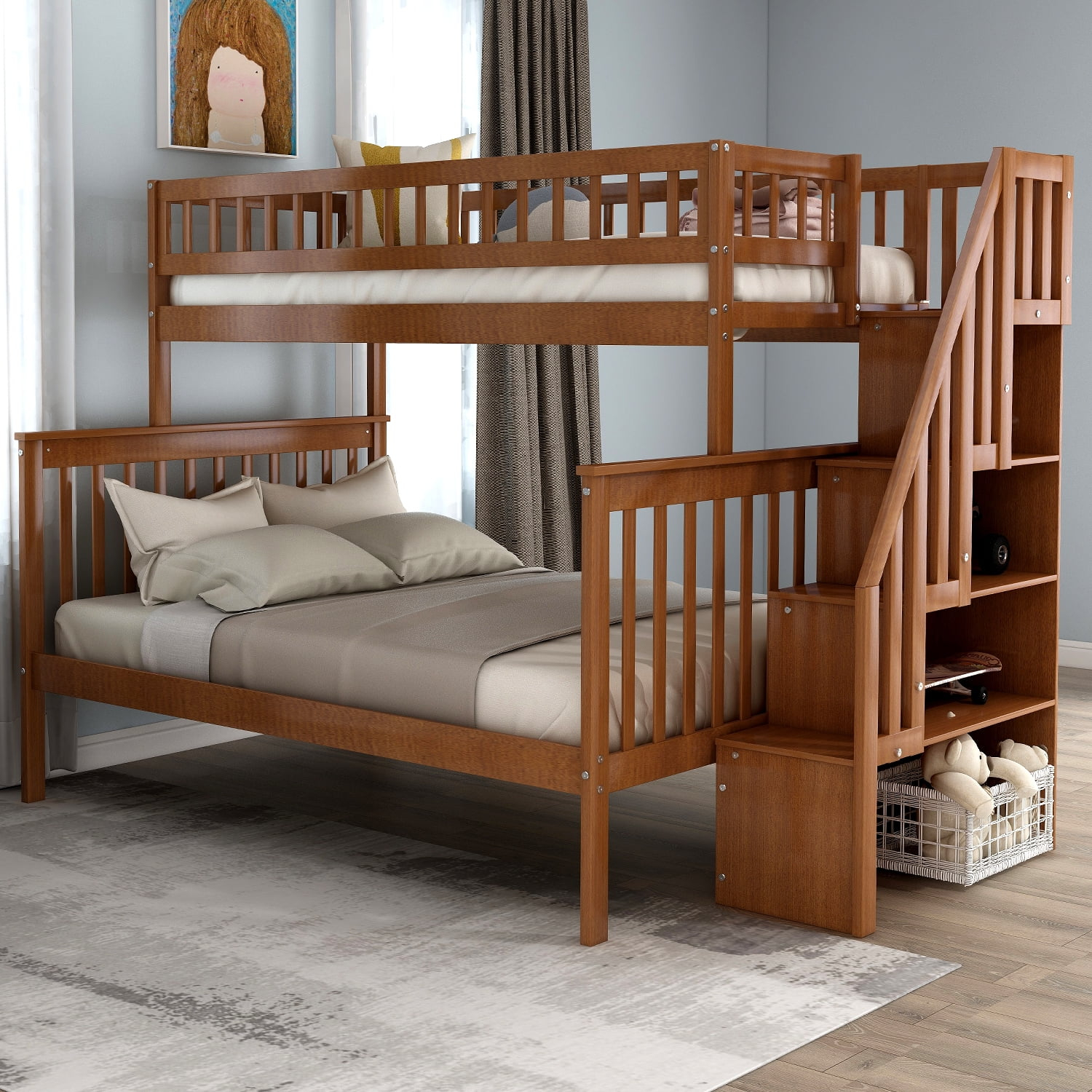 Euroco Twin Over Full Bunk Bed With Stairs And Storage For Kids ... with Creative Storage Solutions for Twin with Full Bunk Bed Rooms