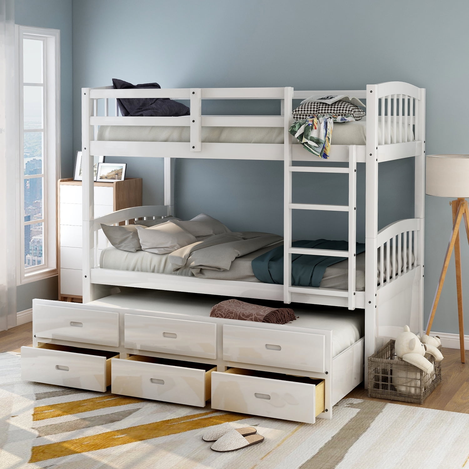 Euroco Twin Over Twin Wood Bunk Bed With Trundle And Drawers, White ... inside Transforming Your Bedroom Layout with Adjustable Bunk Bed and Trundle