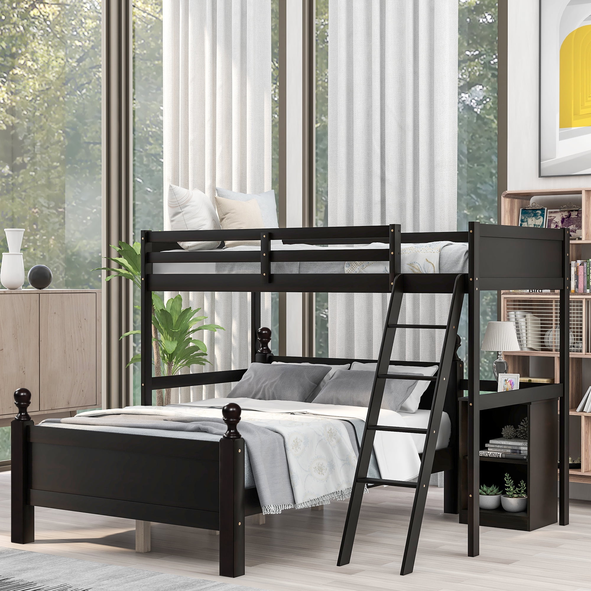 Euroco Wood Bunk Bed, Twin Over Full Loft Bed With Storage Cabinet ... in Safe and Comfortable Bunk Bed Solutions with Full Size Mattresses