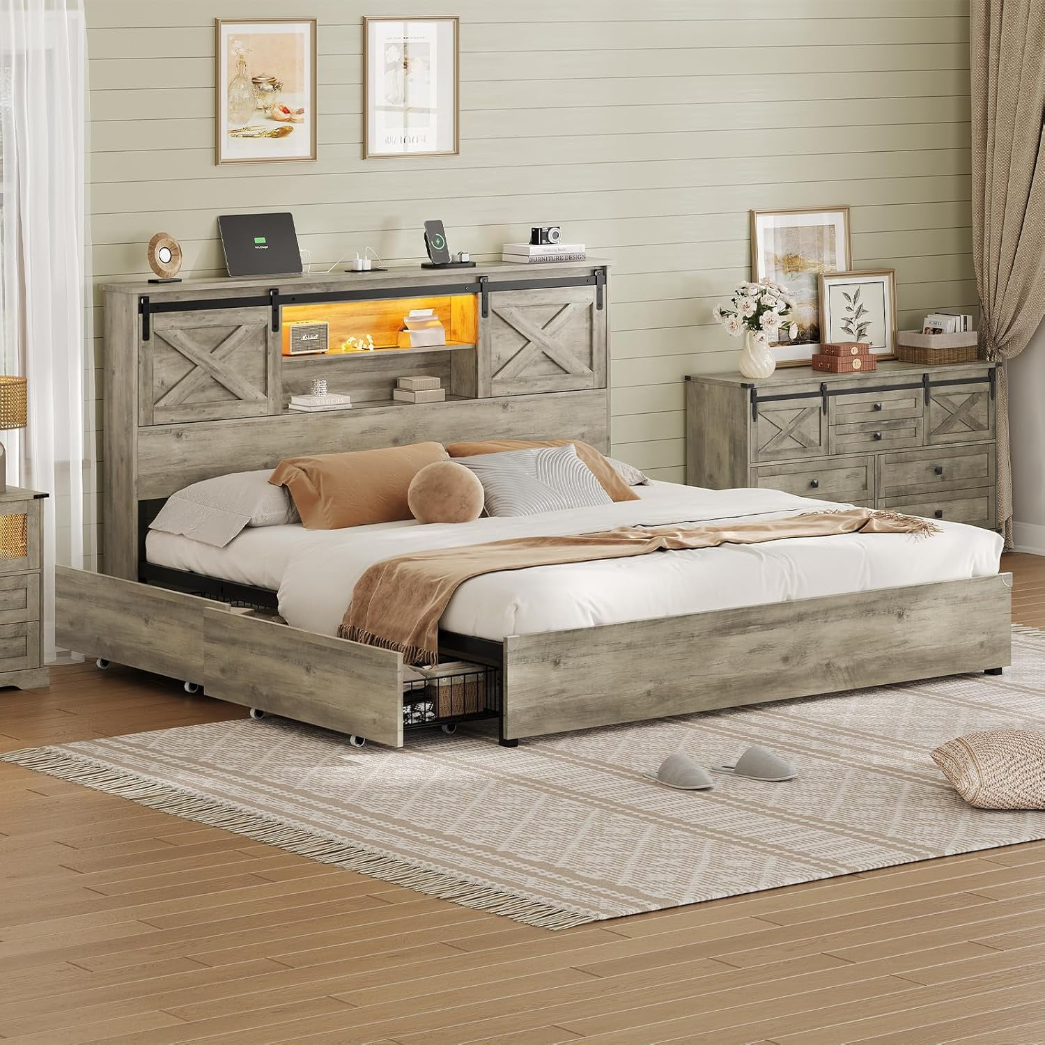 Farmhouse California King Size Bed Frame With Charging Station & Led ... pertaining to Transforming Your Bedroom with Practical Under-Bed Storage for California King Frames