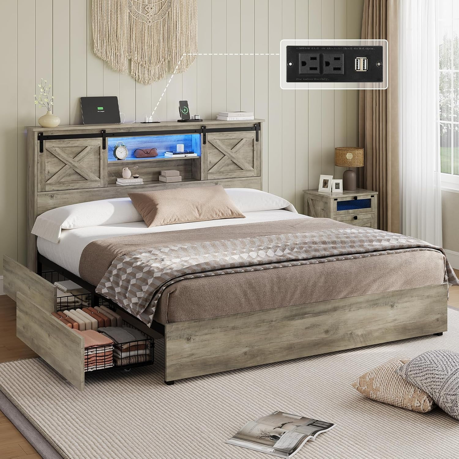 Farmhouse King Size Bed Frame With Charging Station & Led Lights,Wooden ... with Everything You Need to Know About Platform King Storage Bed Design