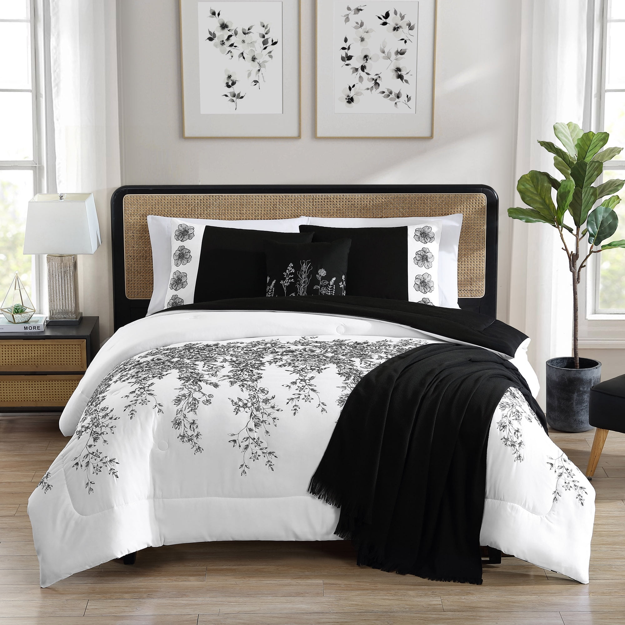 Free Shipping! Mainstays 5-Piece White And Black Embroidered Comforter ... pertaining to Exploring the versatility of black and white bedding for king size mattresses