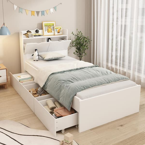 Fufu&Gaga White Wood Frame Twin Xl Bed Platform Bed Storage Bed With 3 ... with Twin Xl Bed Frame With Storage And Headboard