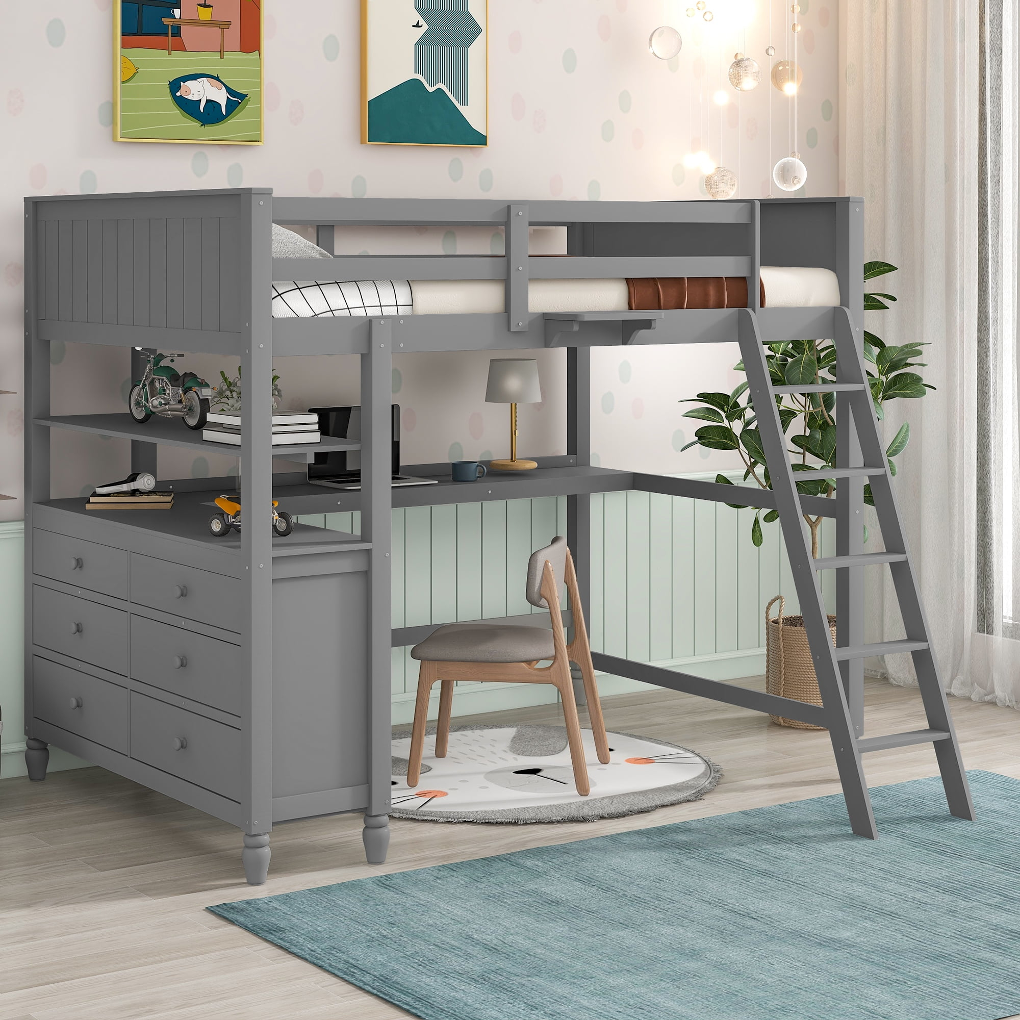 Full Size Loft Bed With Drawers And Desk, Wooden Loft Bed With Shelves ... regarding Loft Bed With Full Desk