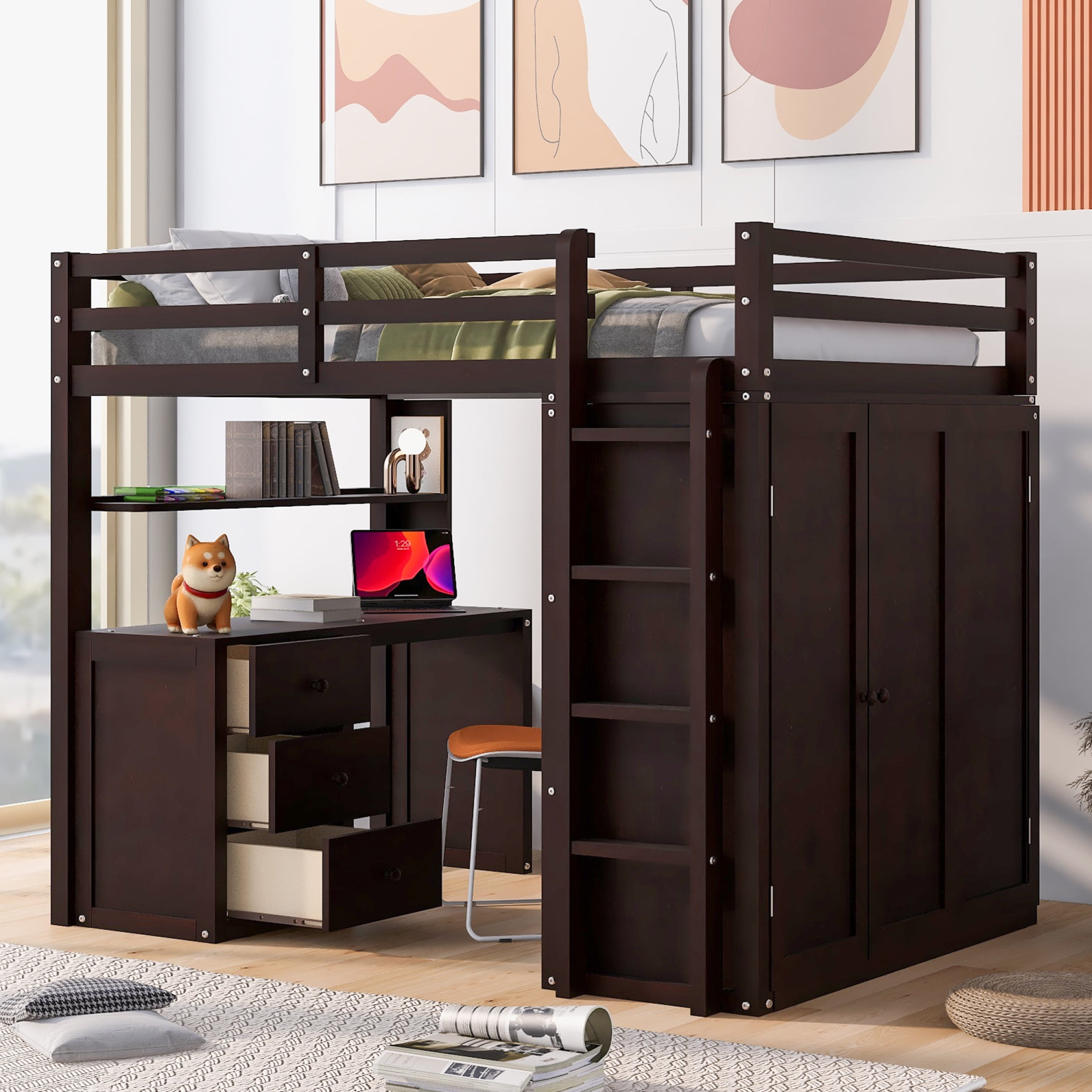 Full Size Loft Bed With Drawers,Desk,And Wardrobe-Espresso 02Aap ... pertaining to Loft Bed With Full Desk