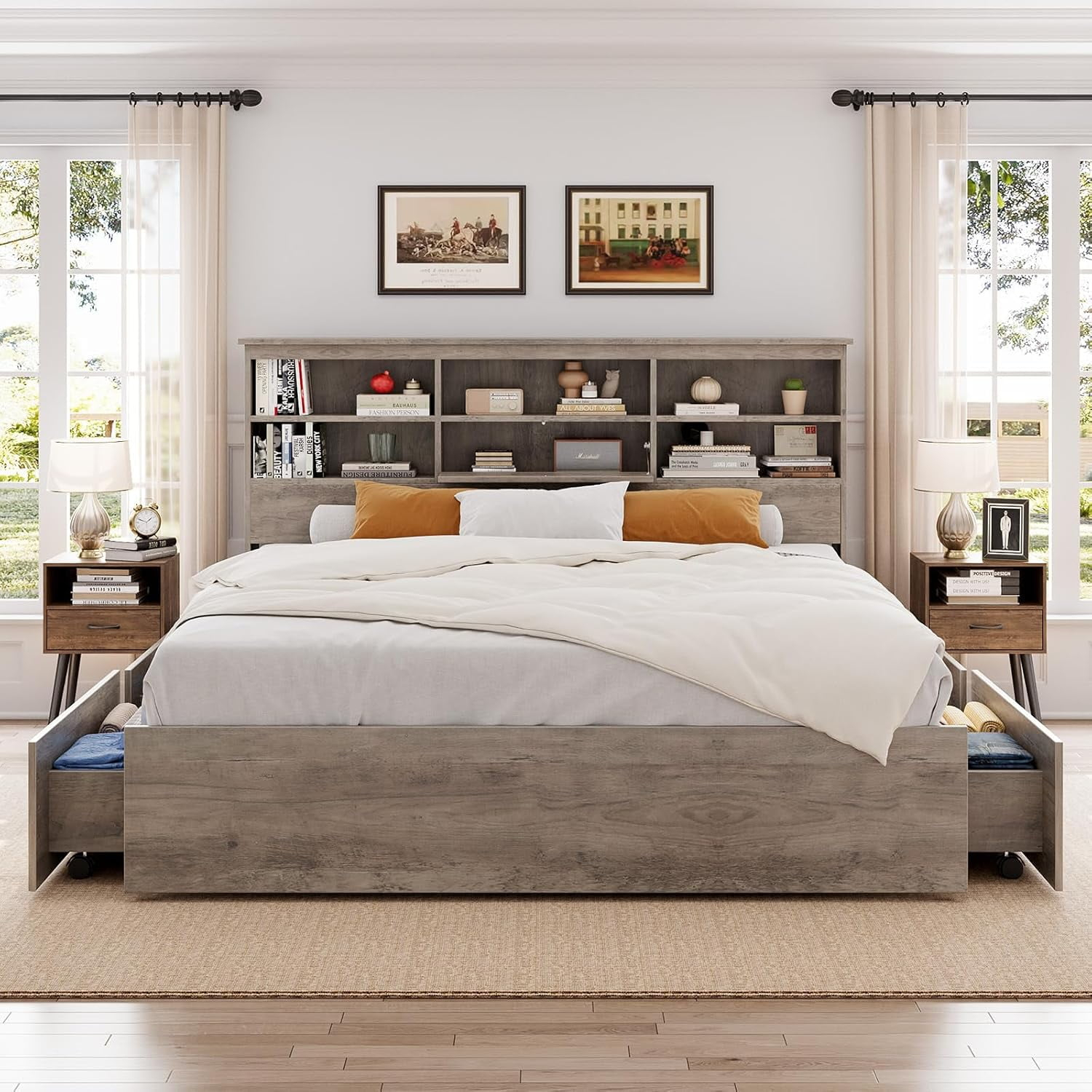 Garvee King Size Storage Wooden Bed Frame With Bookcase Headboard, 4 ... intended for King Bed With Bookcase Headboard