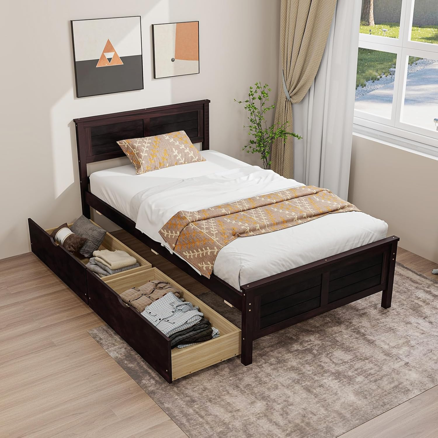 Giantex Wood Twin Bed With 2 Storage Drawers, Solid Wood Platform Bed ... with Maximizing Space with Twin Storage Beds Designed for Adults