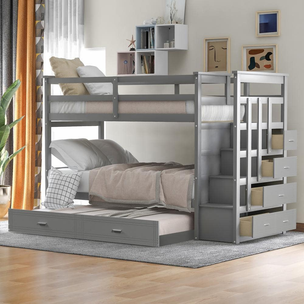 Harper & Bright Designs Gray Twin Over Twin Wood Bunk Bed With Trundle ... in Smart storage solutions for twin over twin bunk beds that save space and reduce clutter